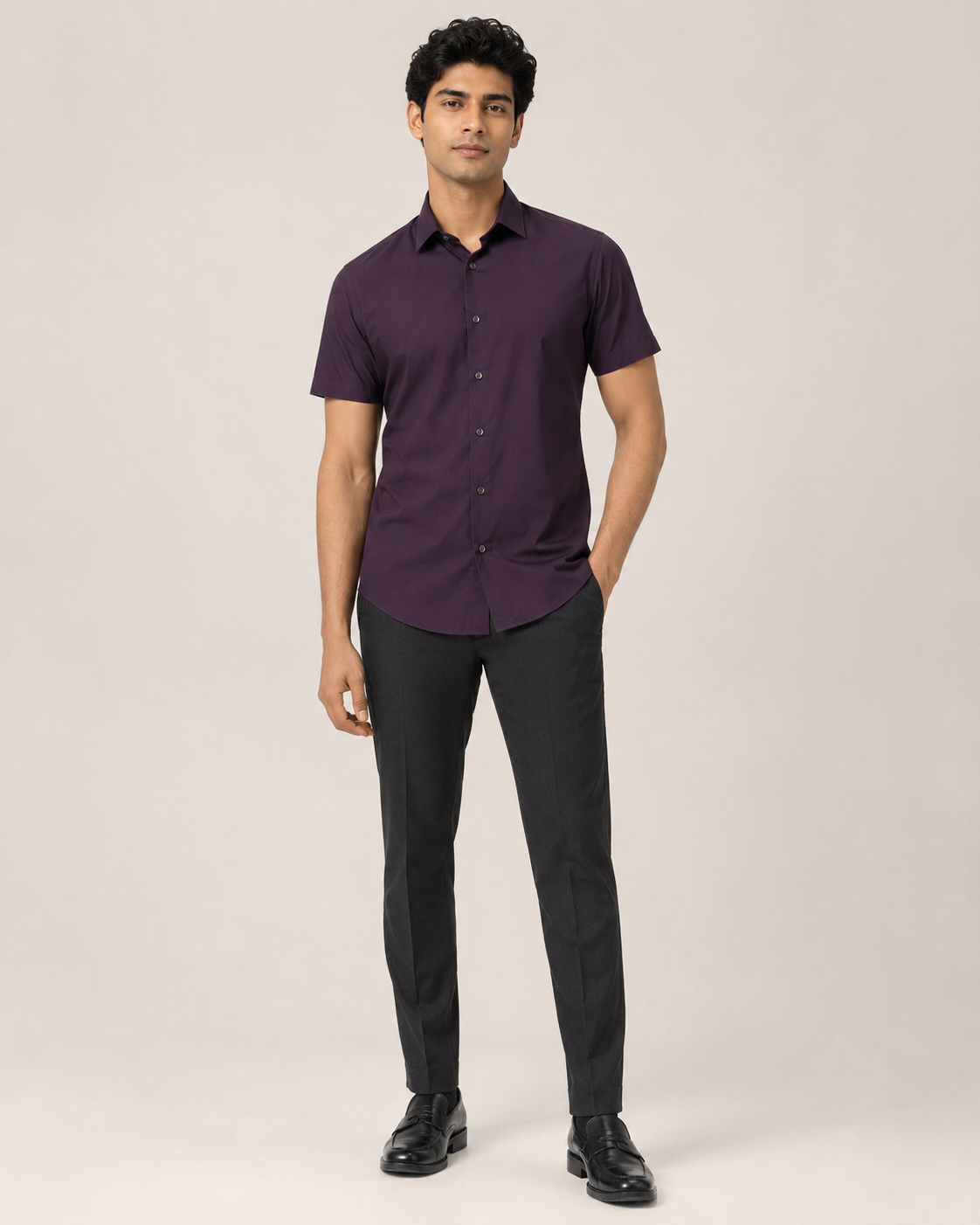 Evora Men's Deep Aubergine Half Sleeve Cotton Shirt