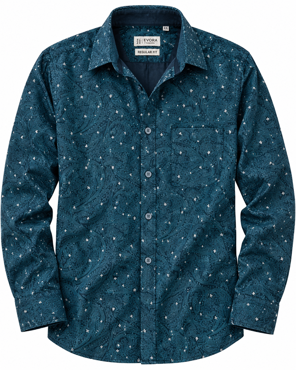 Deep Teal Blue Paisley Print Cotton Full Sleeve Regular Fit Shirt