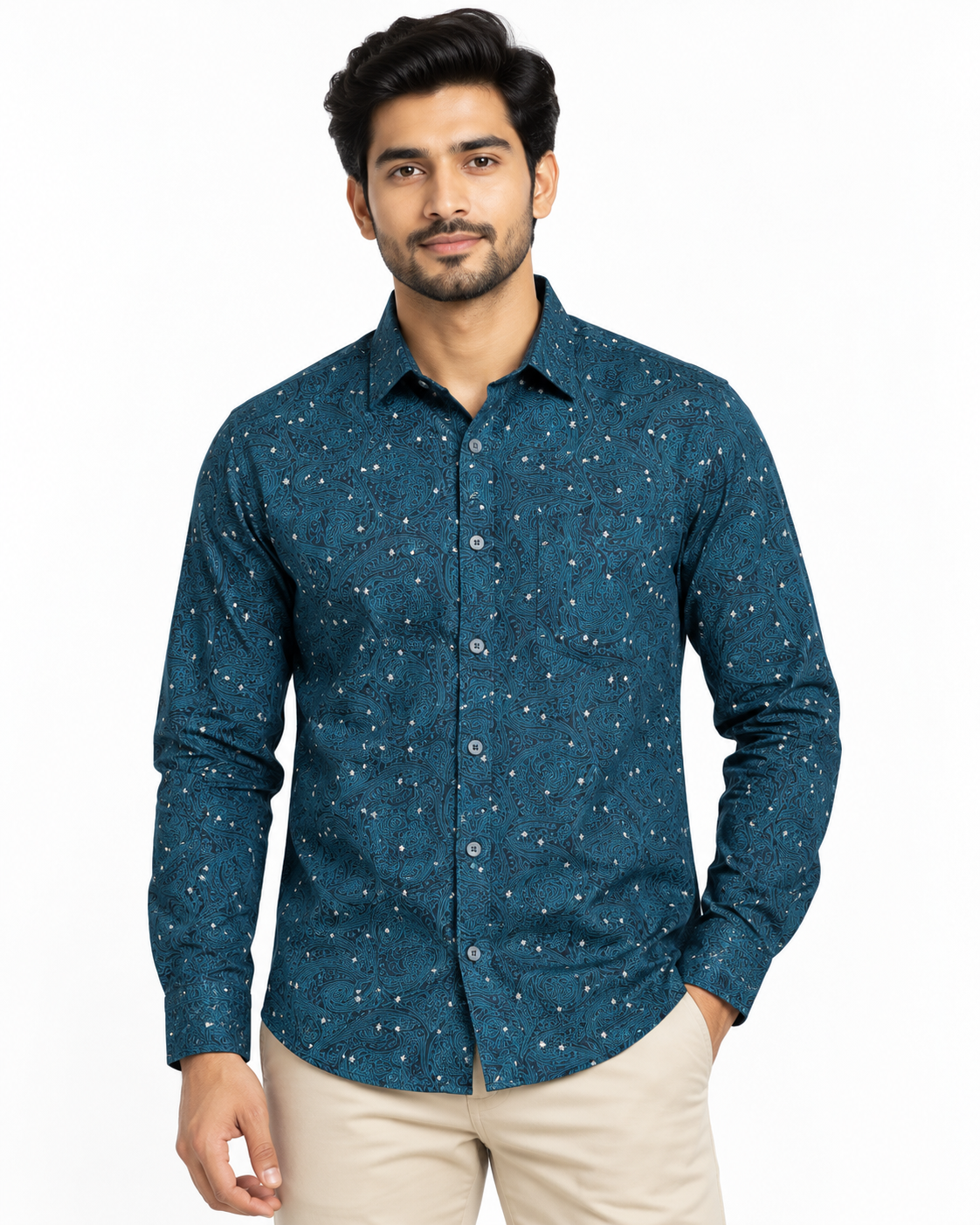 Deep Teal Blue Paisley Print Cotton Full Sleeve Regular Fit Shirt