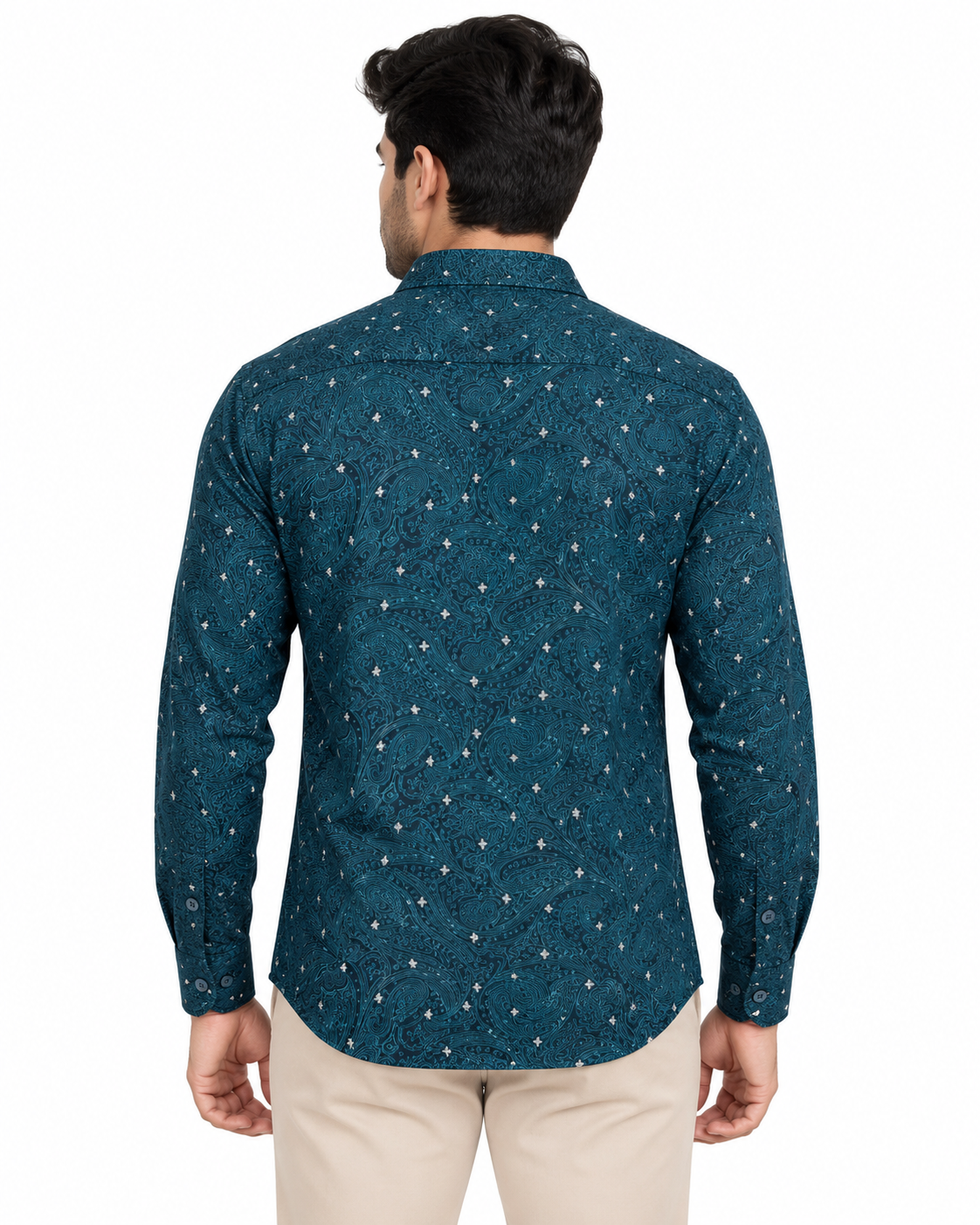 Deep Teal Blue Paisley Print Cotton Full Sleeve Regular Fit Shirt