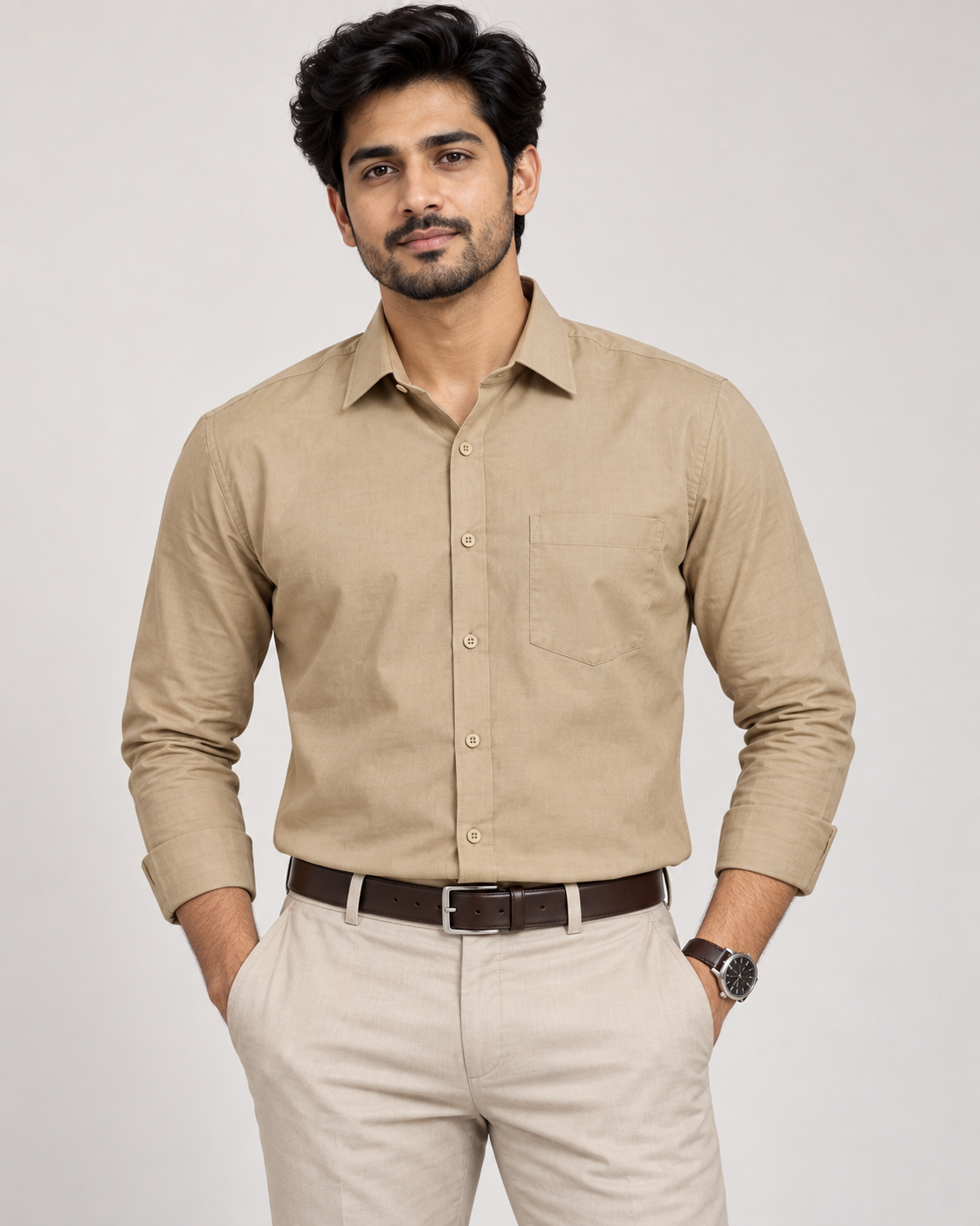 Khaki Beige Solid Cotton Full Sleeve Regular Fit Shirt