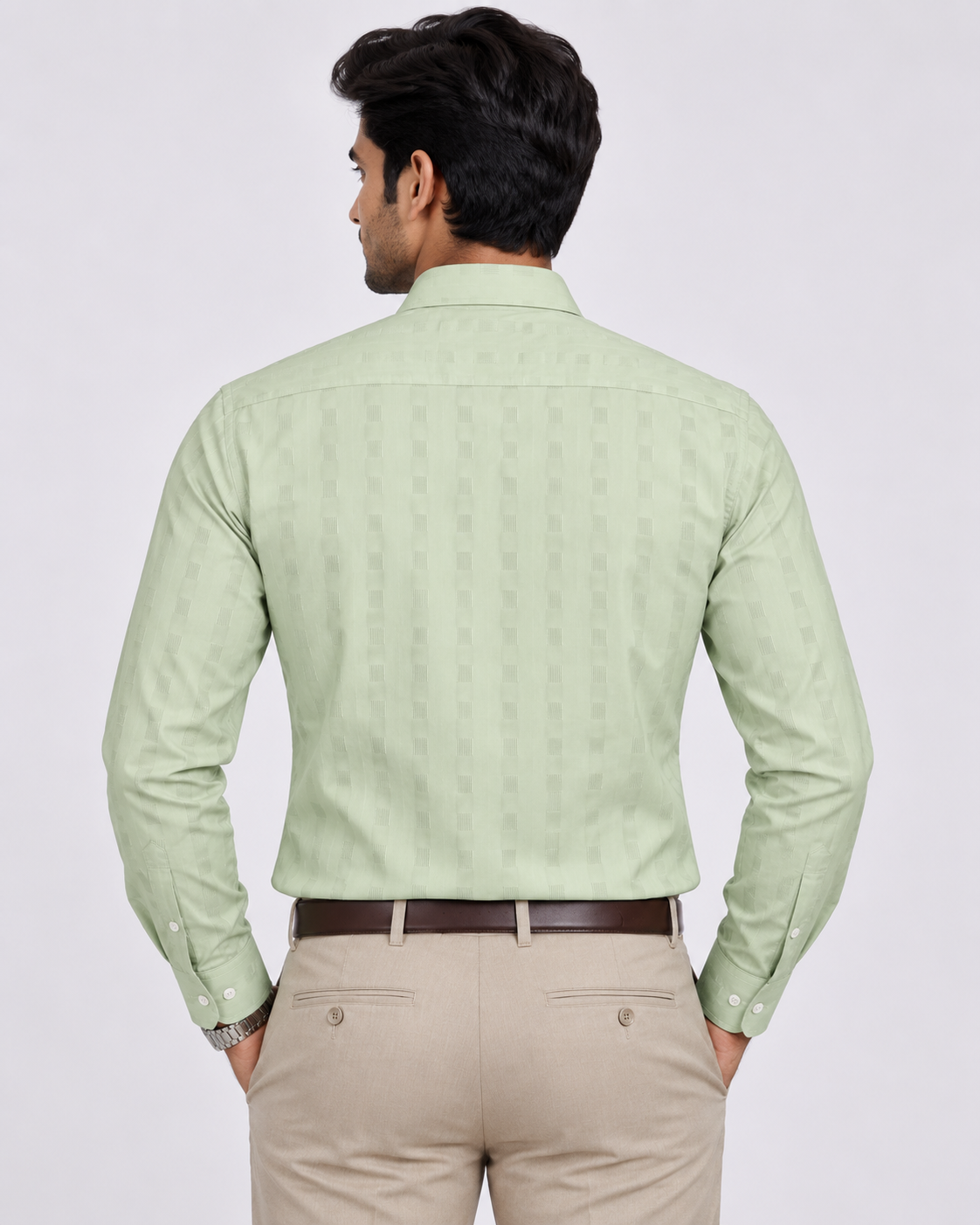Light Sage Green Self-Pattern Cotton Full Sleeve Regular Fit Shirt