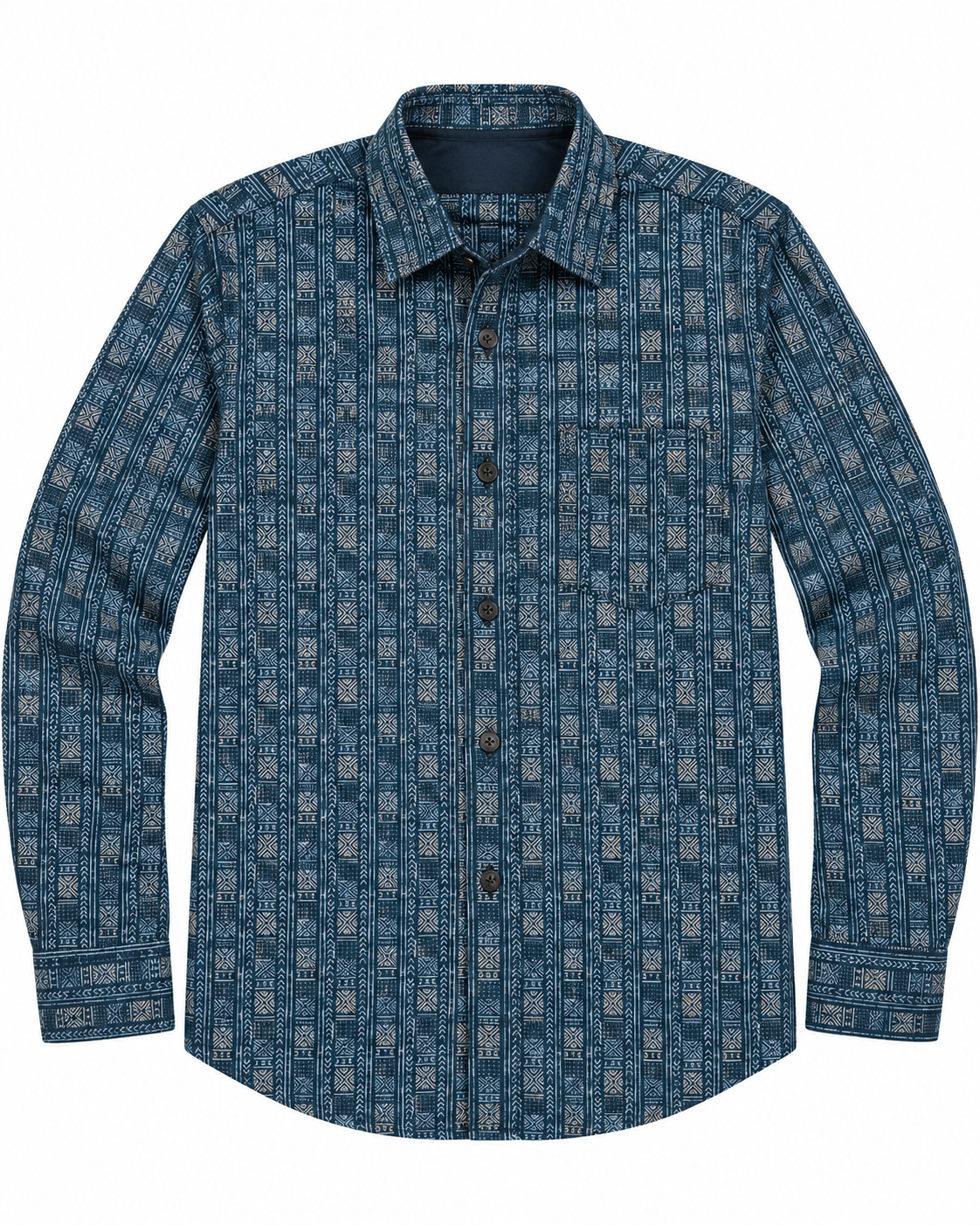 Deep Teal Navy Geometric Print Cotton Full Sleeve Regular Fit Shirt