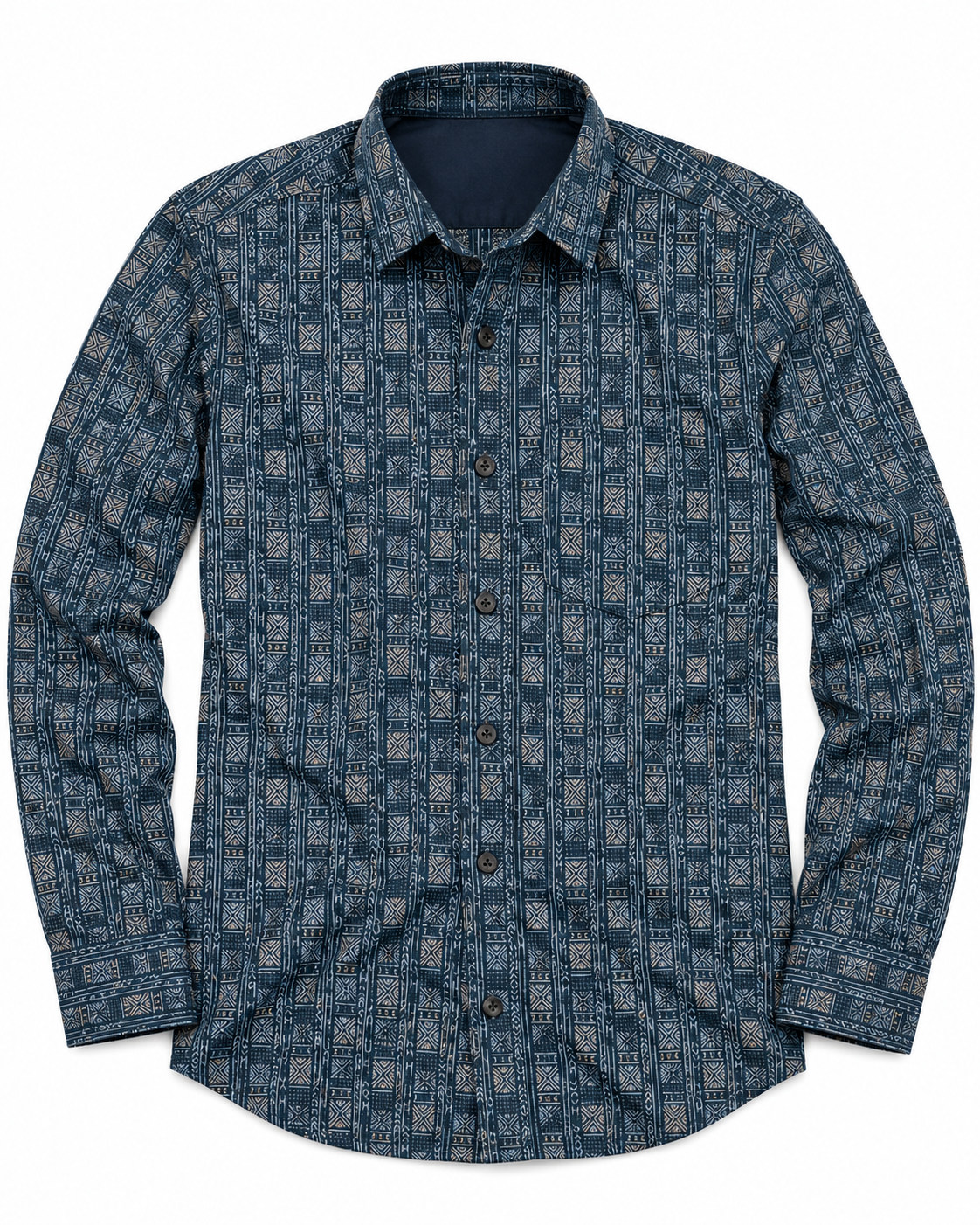 Deep Teal Navy Geometric Print Cotton Full Sleeve Regular Fit Shirt