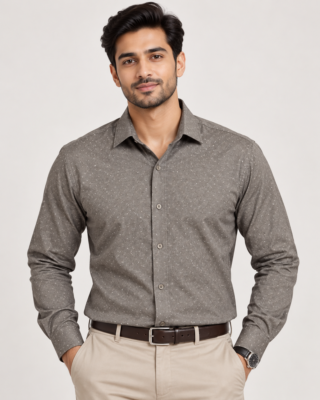 Warm Taupe Gray Micro Paisley Print Cotton Full Sleeve Regular Fit Shirt