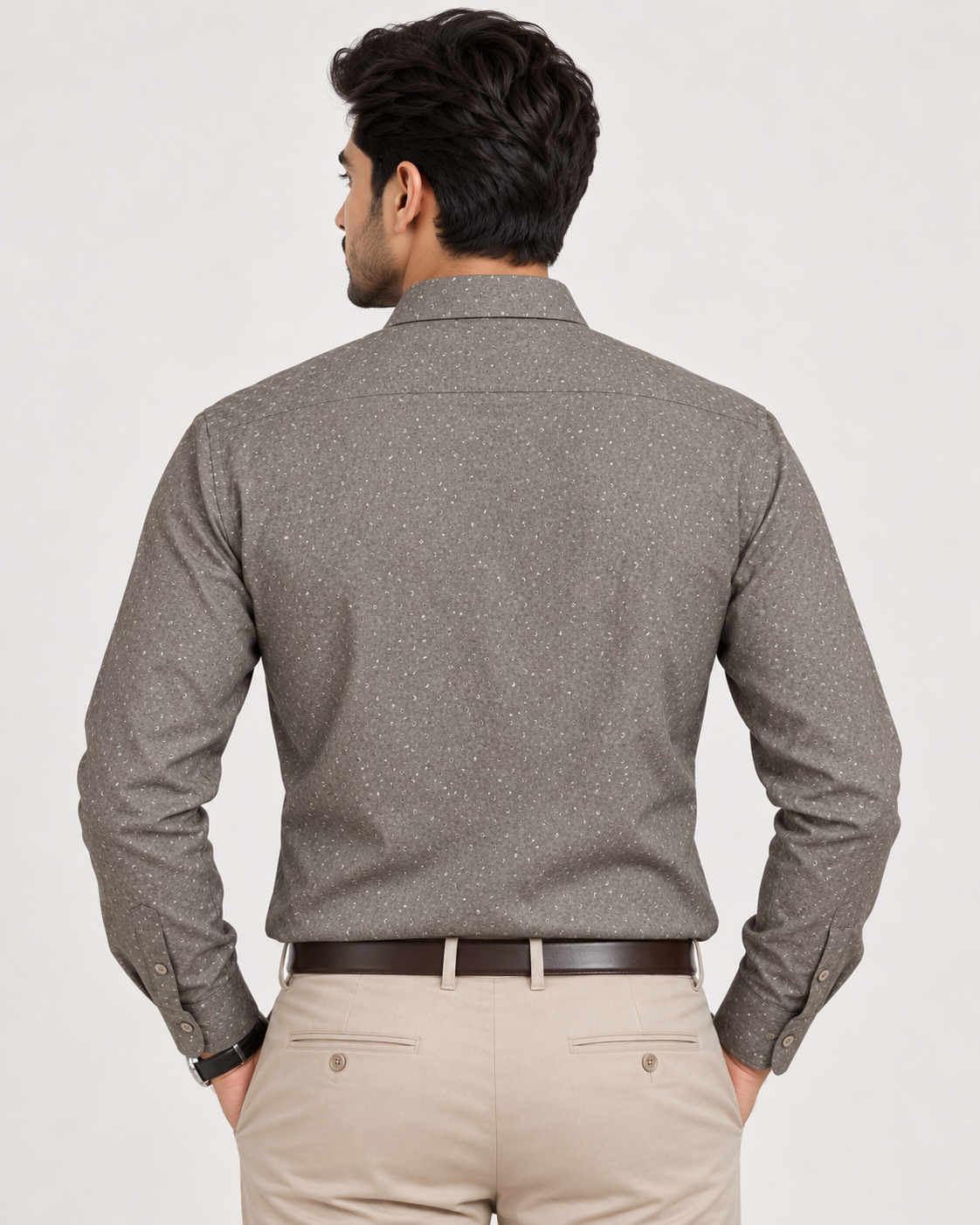 Warm Taupe Gray Micro Paisley Print Cotton Full Sleeve Regular Fit Shirt