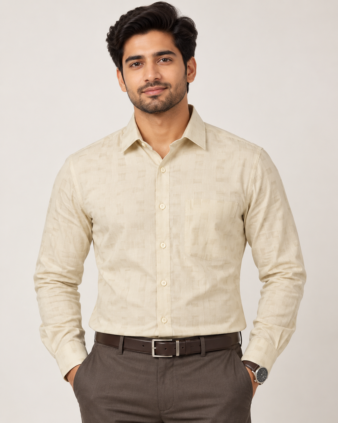 Light Cream Beige Self-Pattern Cotton Full Sleeve Regular Fit Shirt
