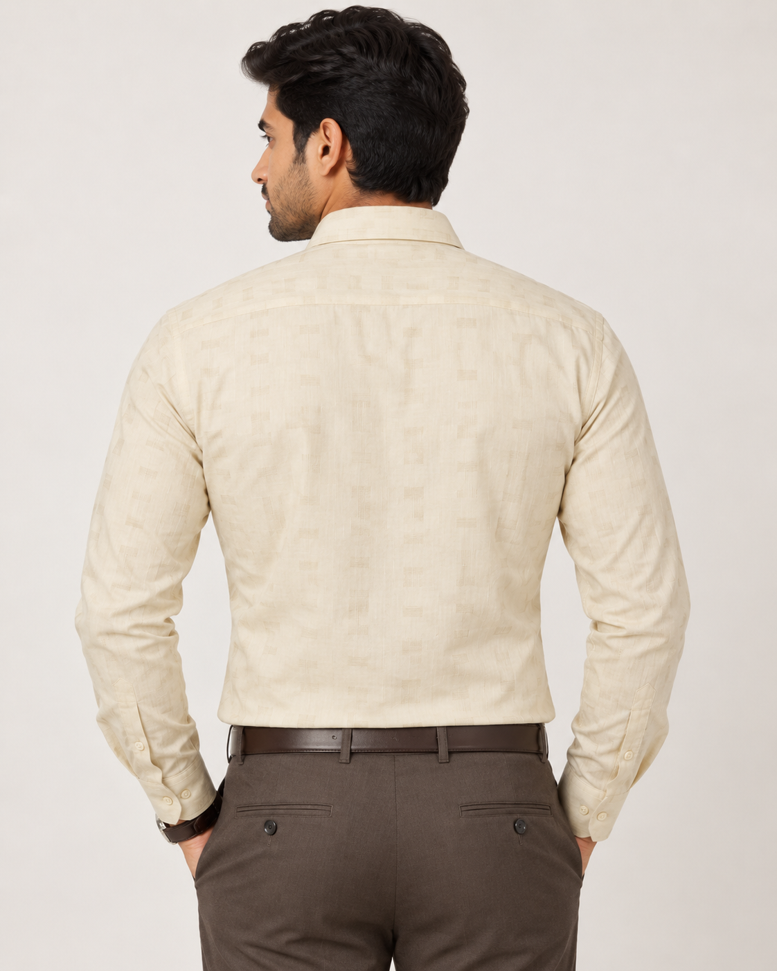 Light Cream Beige Self-Pattern Cotton Full Sleeve Regular Fit Shirt