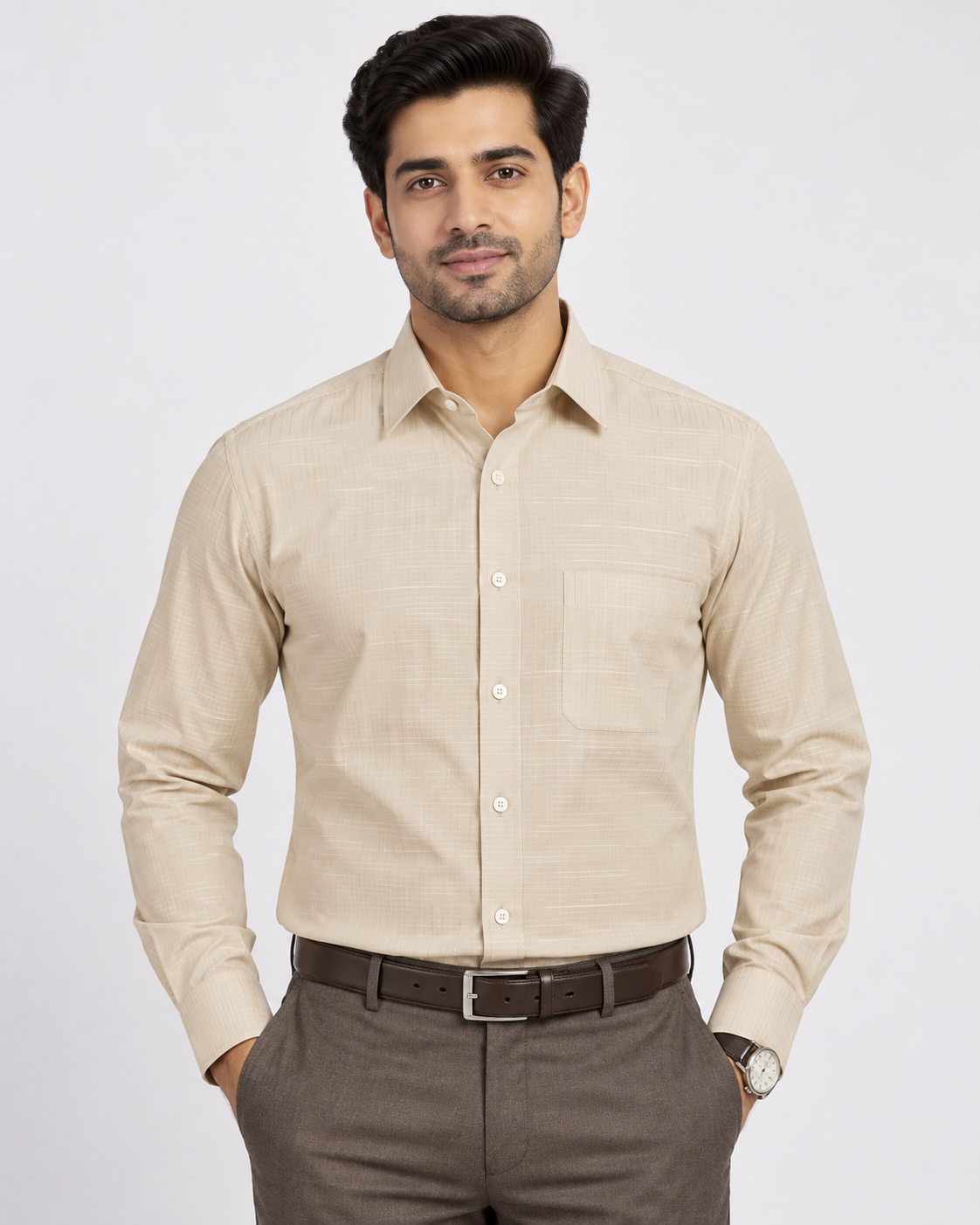 Light Sand Beige Fine Check Full Sleeve Regular Fit Shirt