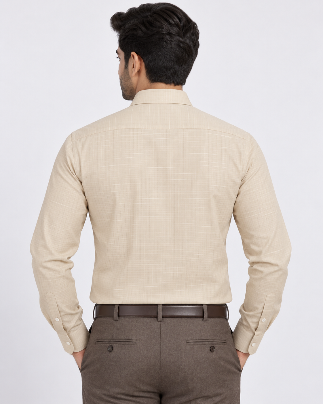 Light Sand Beige Fine Check Full Sleeve Regular Fit Shirt