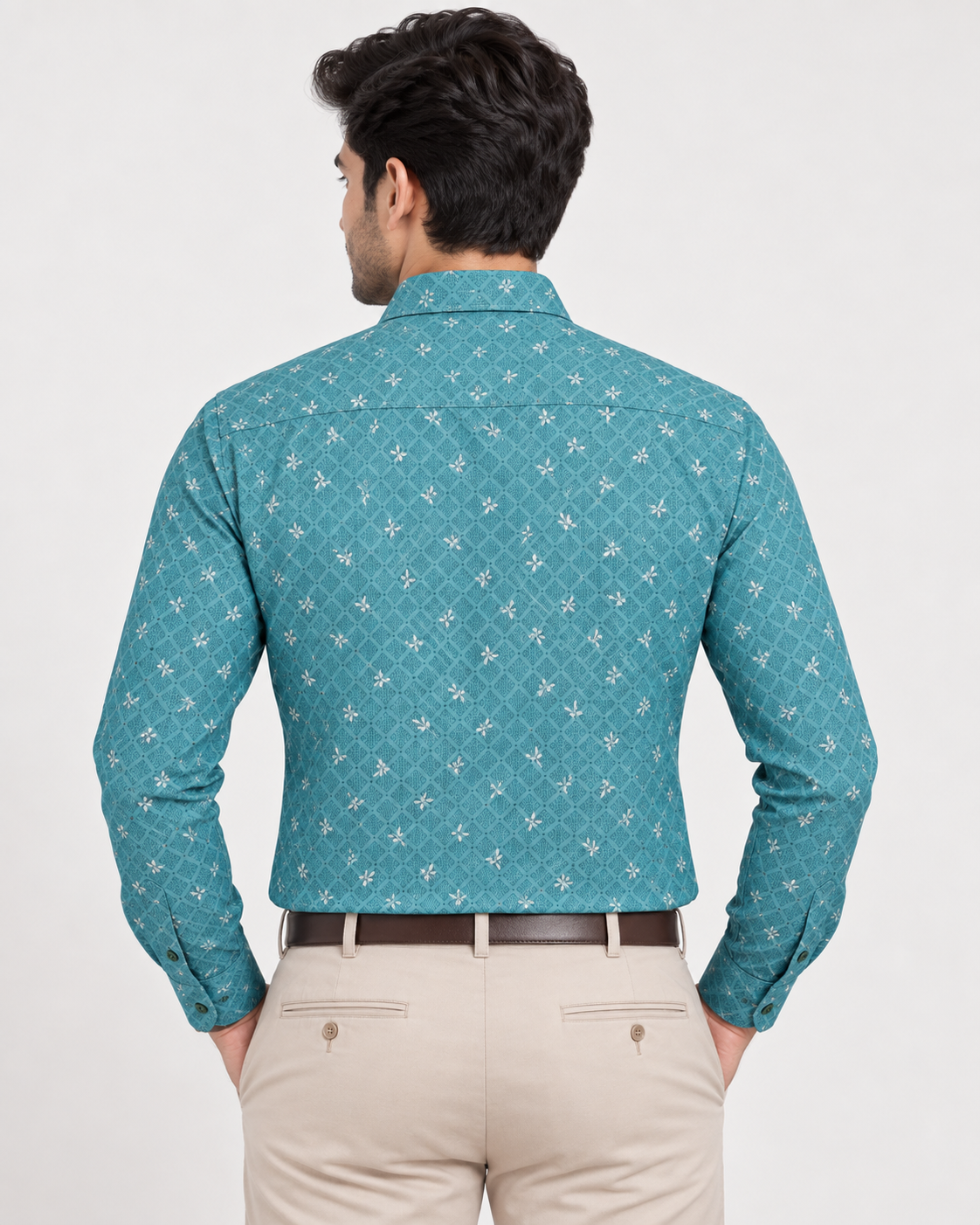 Turquoise Teal Blue Geometric Print Cotton Full Sleeve Regular Fit Shirt