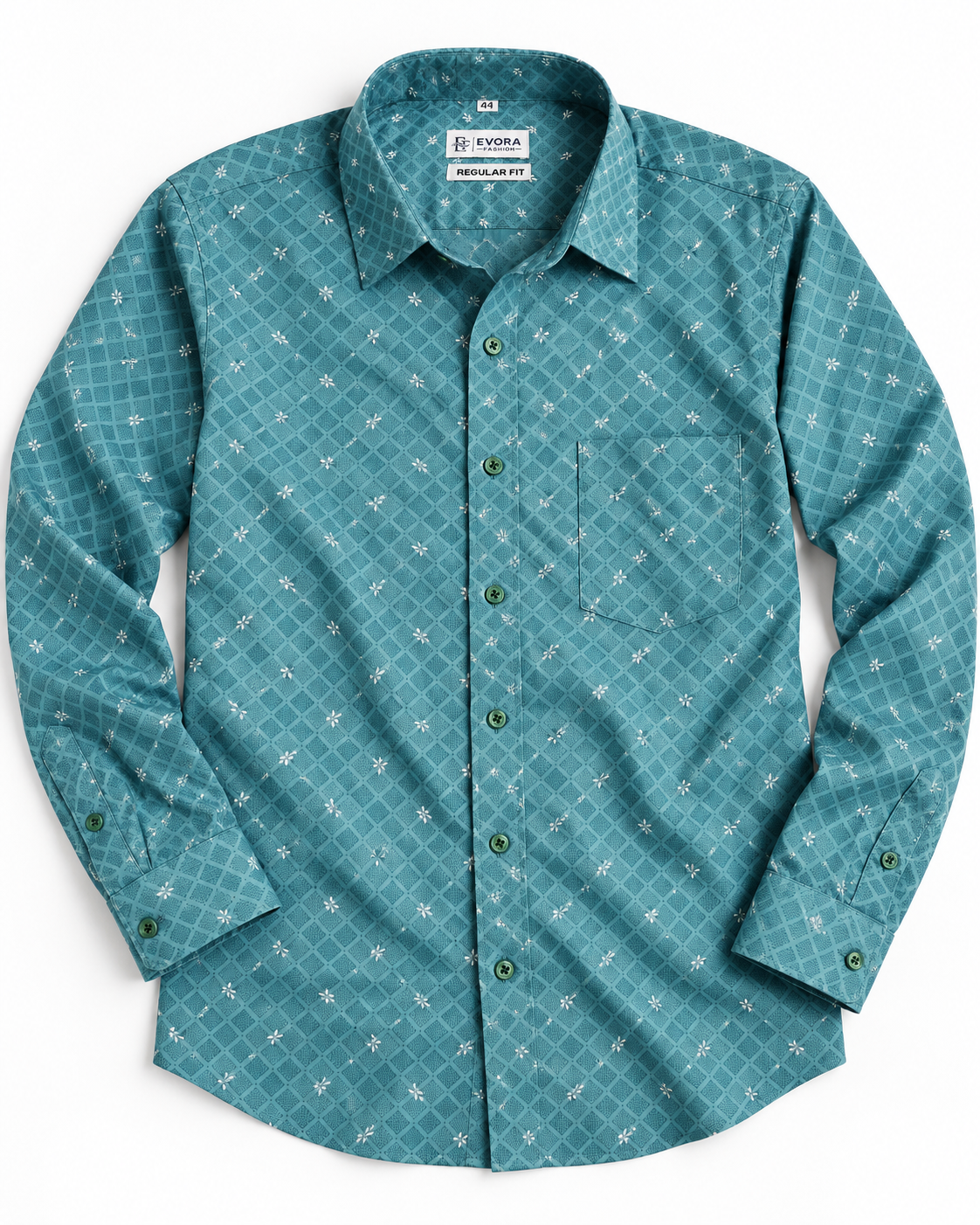 Turquoise Teal Blue Geometric Print Cotton Full Sleeve Regular Fit Shirt