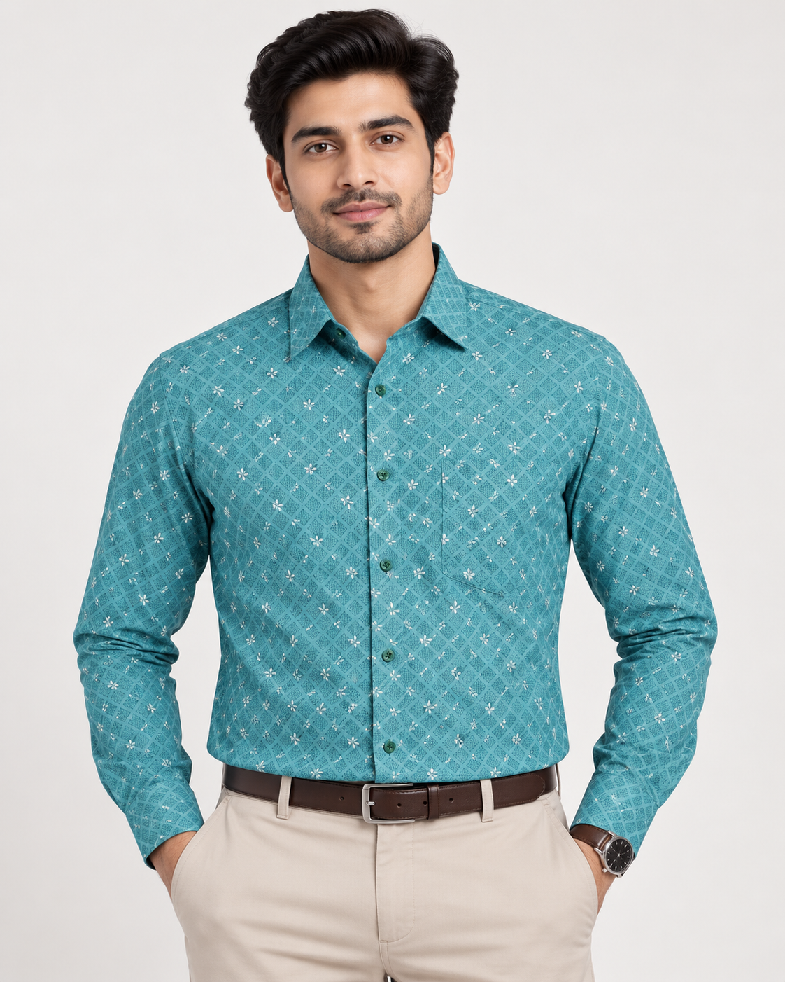 Turquoise Teal Blue Geometric Print Cotton Full Sleeve Regular Fit Shirt