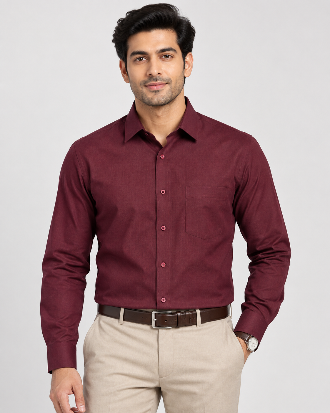 Deep Wine Burgundy Solid Textured Full Sleeve Regular Fit Shirt