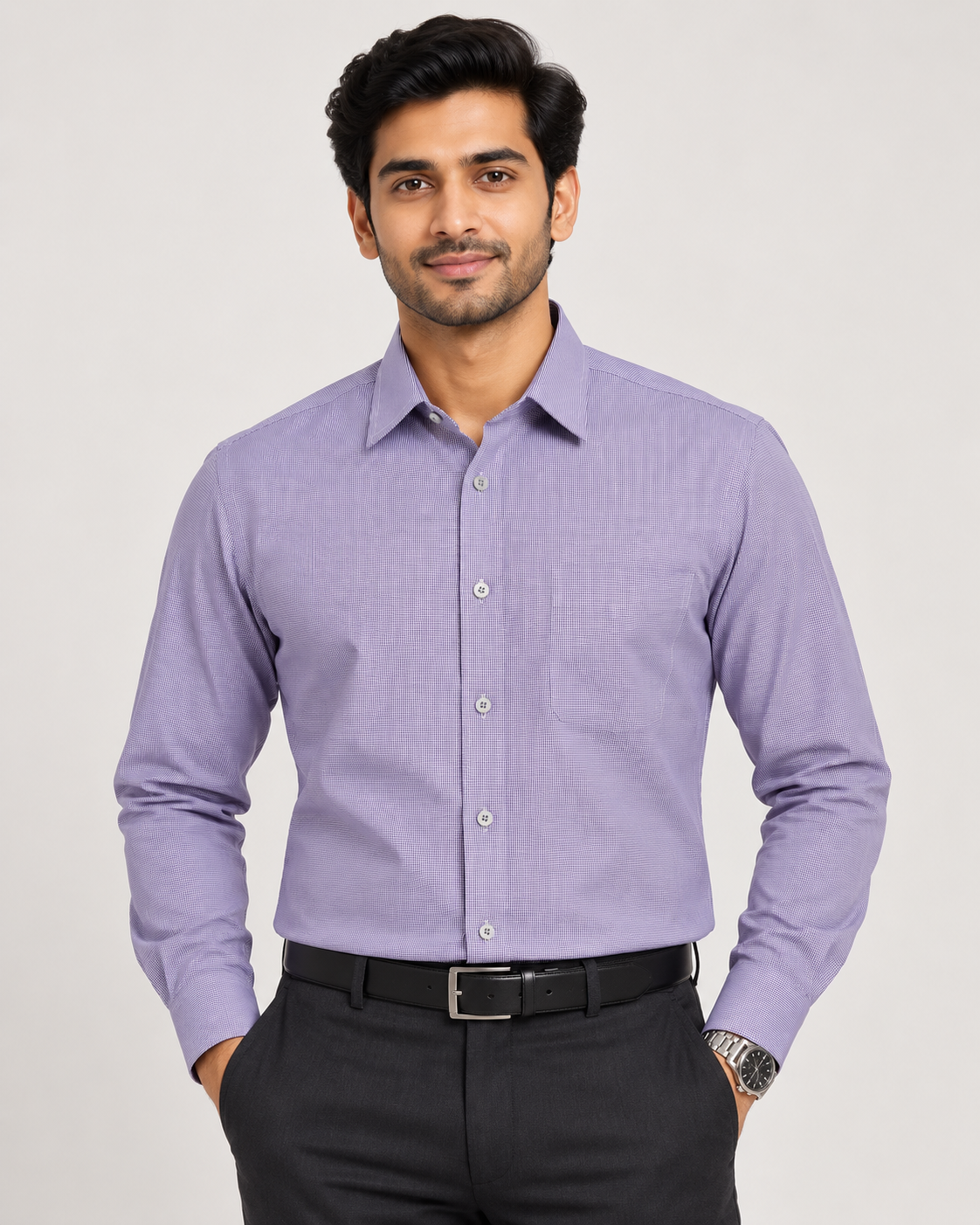 Soft Lavender Purple Micro Textured Polyester Blend Full Sleeve Regular Fit Shirt