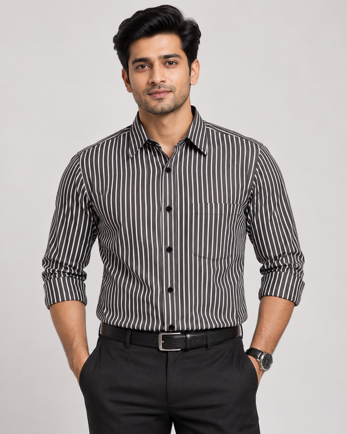 Charcoal Black White Stripe Polyester Blend Full Sleeve Regular Fit Shirt