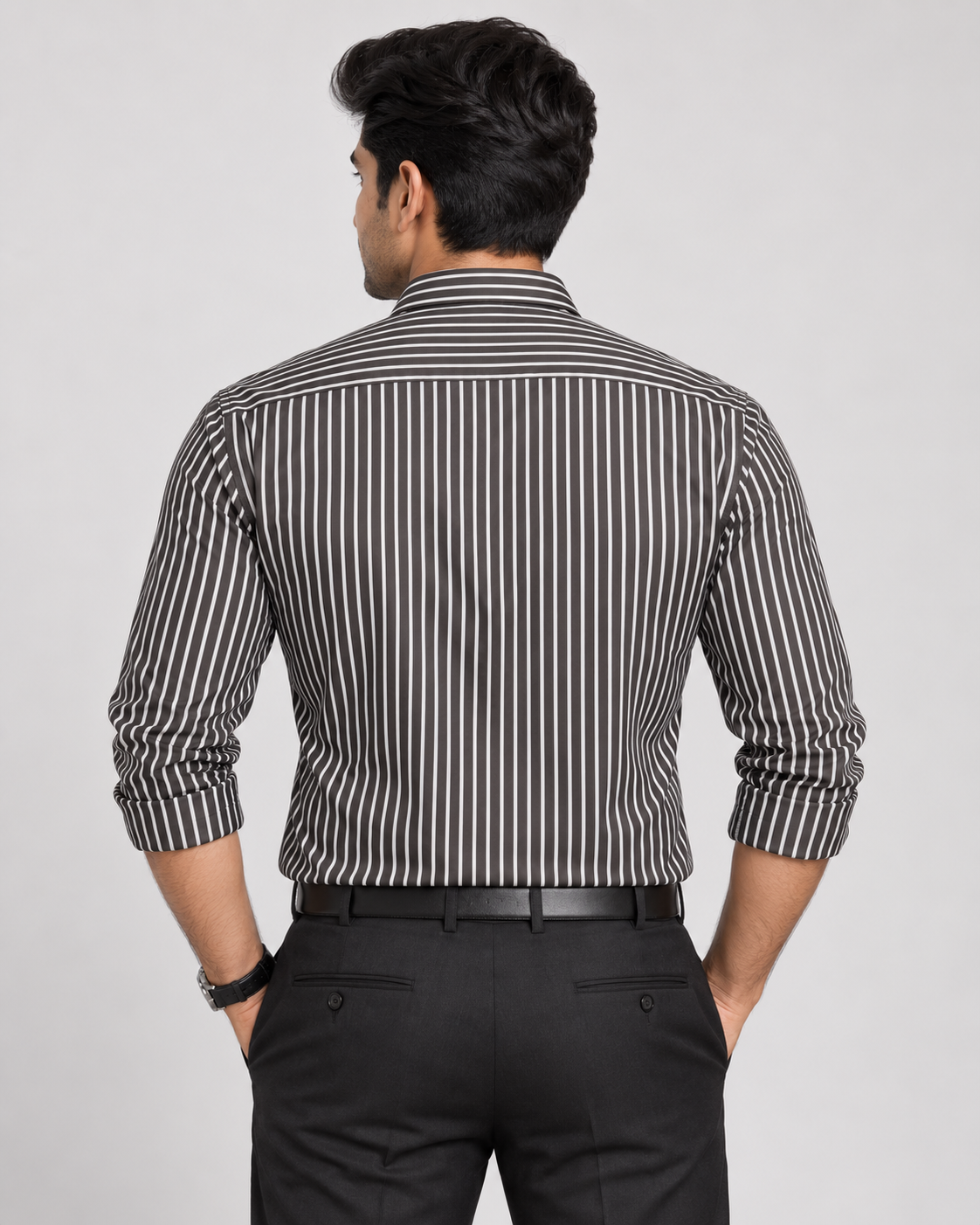 Charcoal Black White Stripe Polyester Blend Full Sleeve Regular Fit Shirt