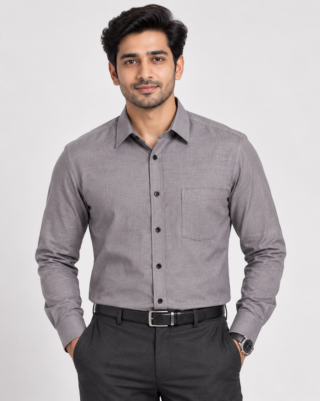 Warm Stone Gray Textured Polyester Blend Full Sleeve Regular Fit Shirt