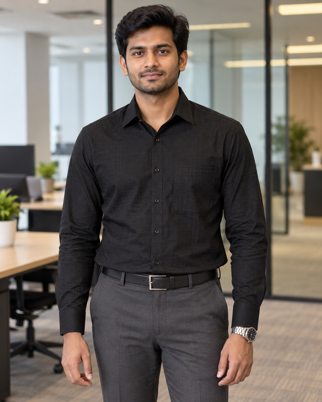 Jet Black Self-Check Cotton Full Sleeve Slim Fit Shirt