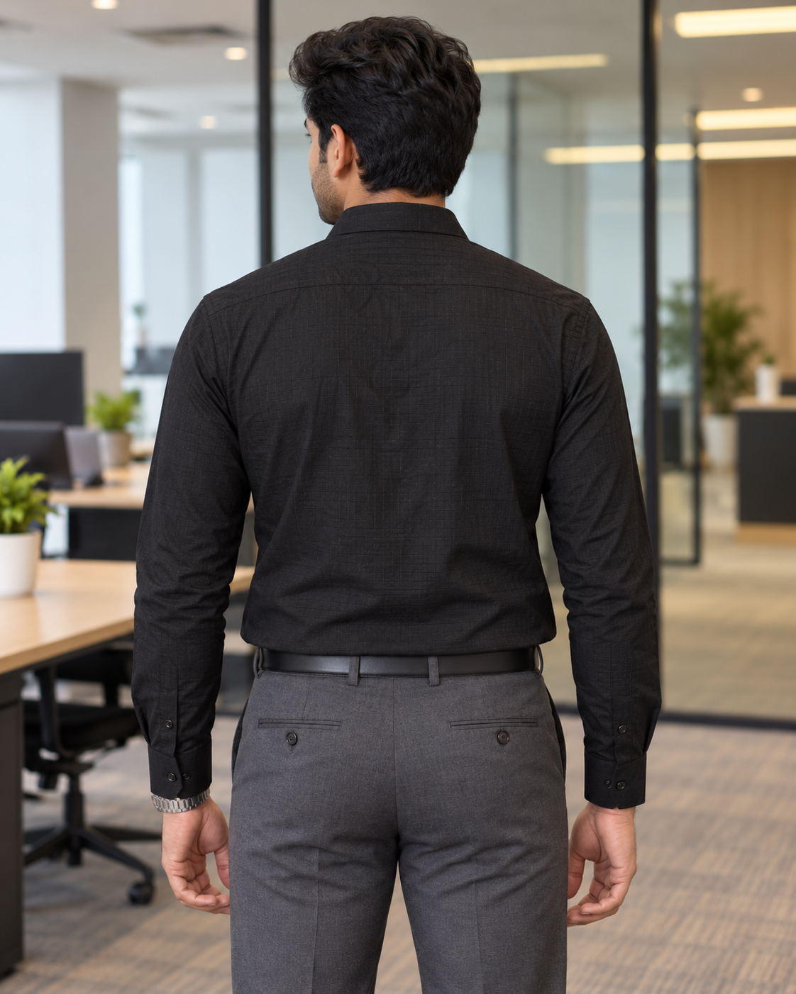Jet Black Self-Check Cotton Full Sleeve Slim Fit Shirt