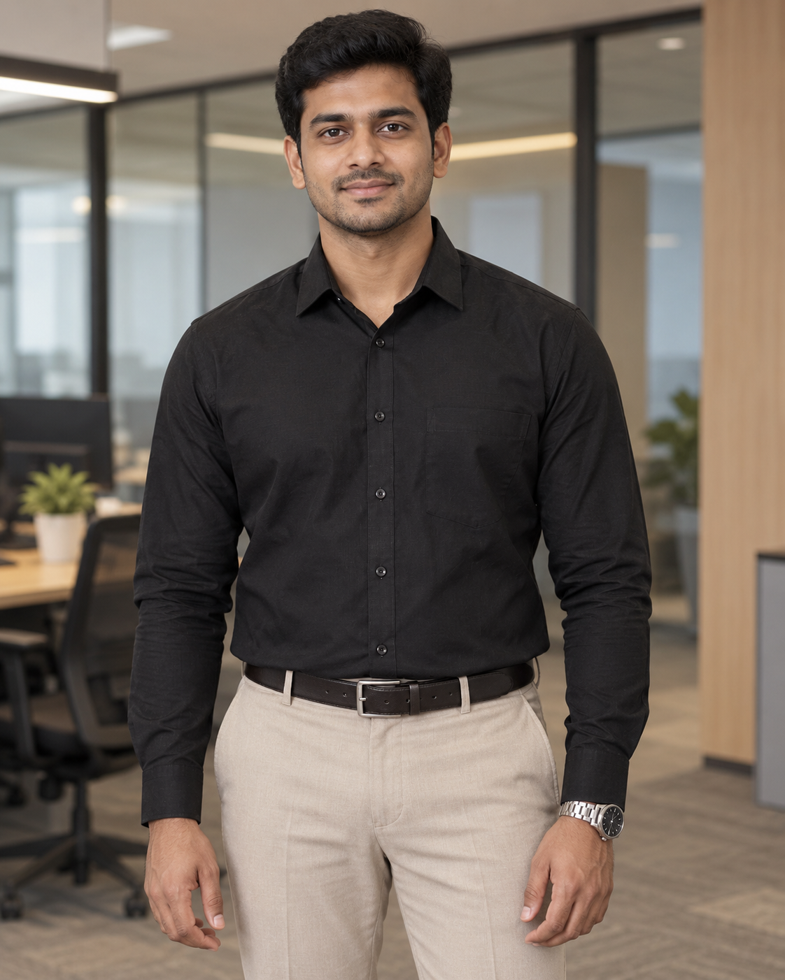 Jet Black Solid Cotton Full Sleeve Slim Fit Shirt