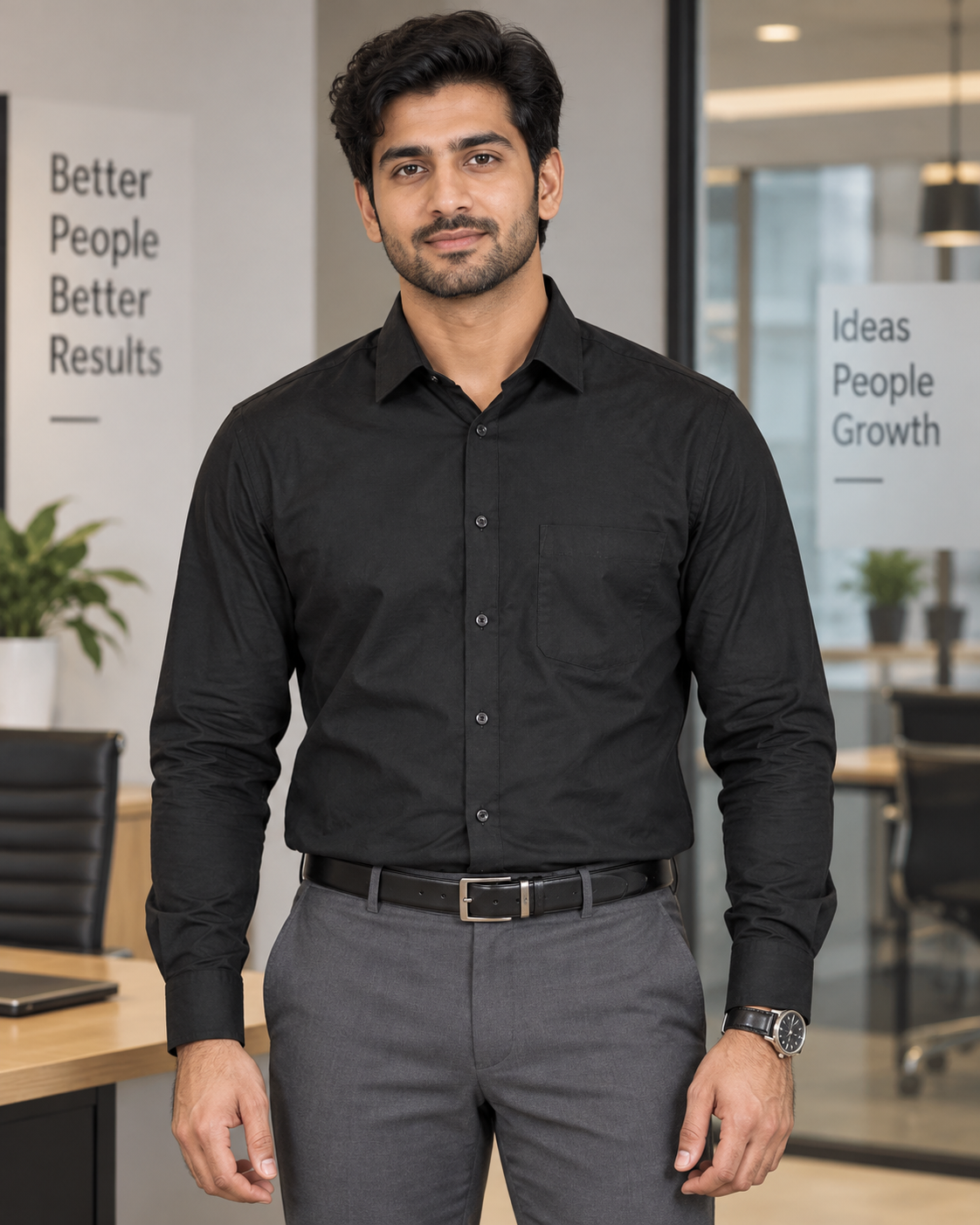 Matte Black Solid Cotton Full Sleeve Slim Fit Shirt