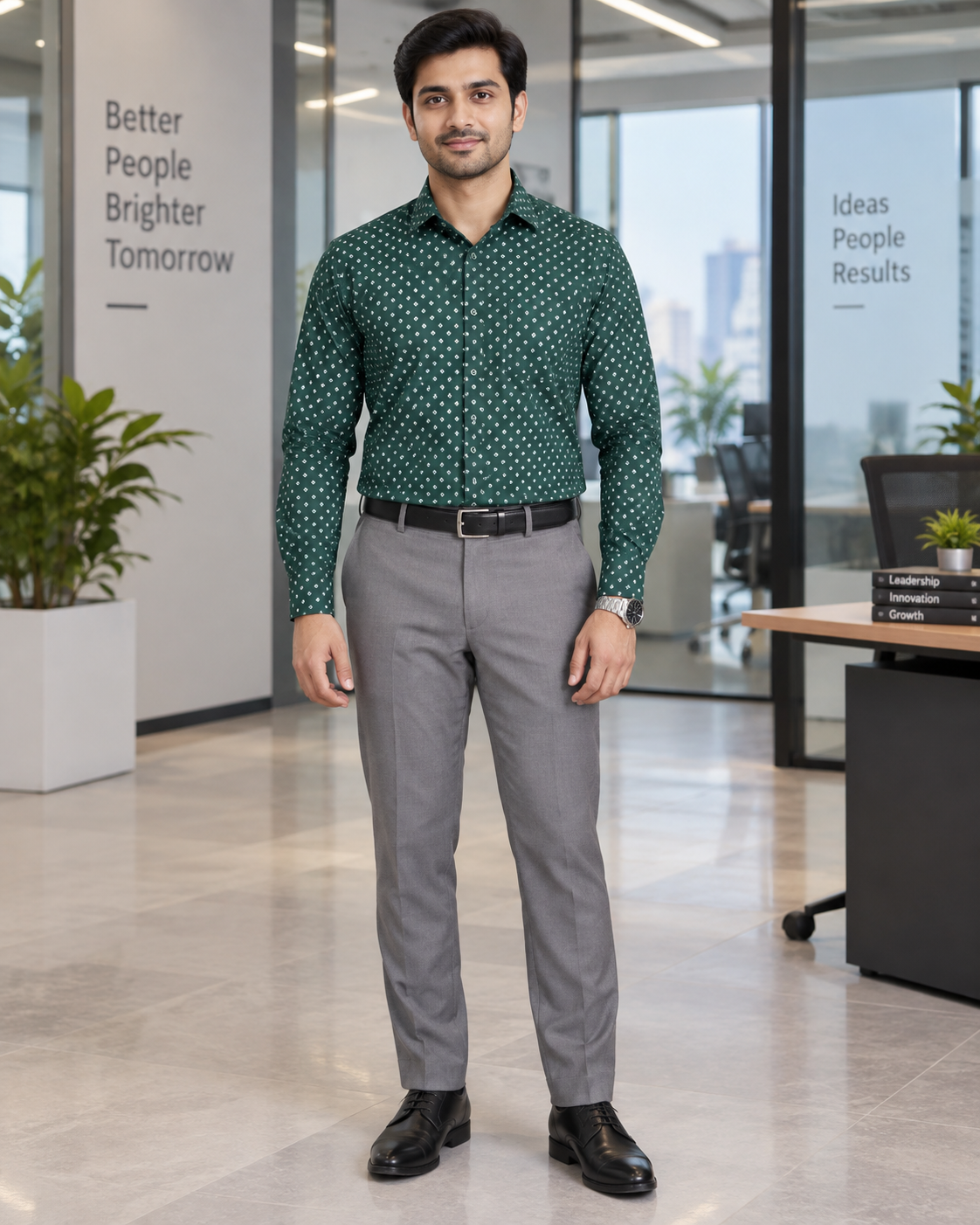 Deep Bottle Green Micro Geometric Print Cotton Full Sleeve Slim Fit Shirt