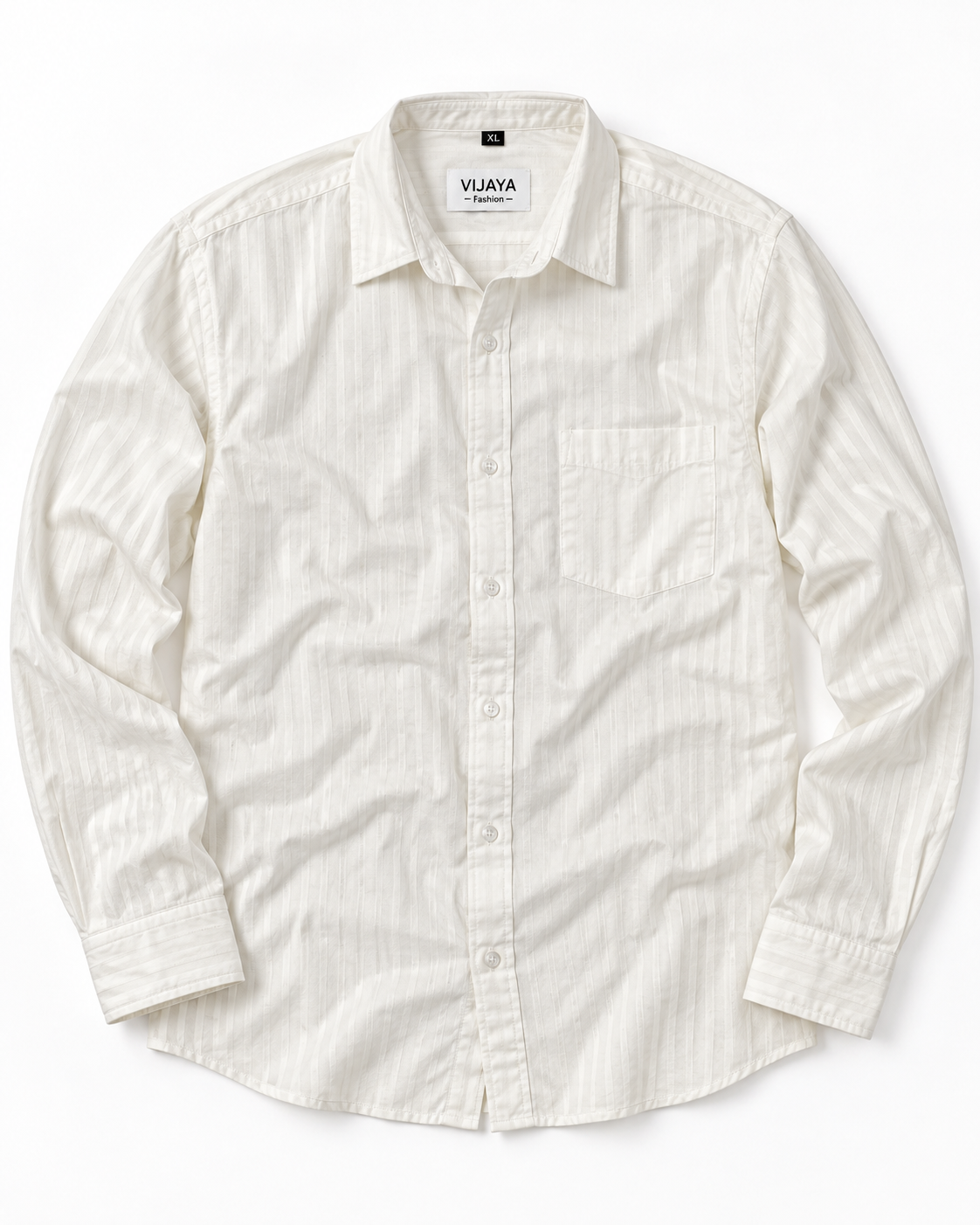 Ivory White Tonal Stripe Cotton Full Sleeve Slim Fit Shirt