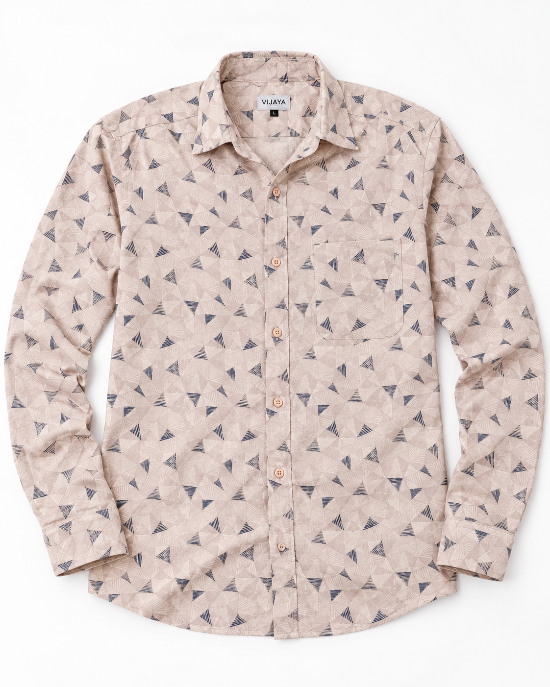 Sand Beige Geometric Print Cotton Full Sleeve Slim Fit Shirt