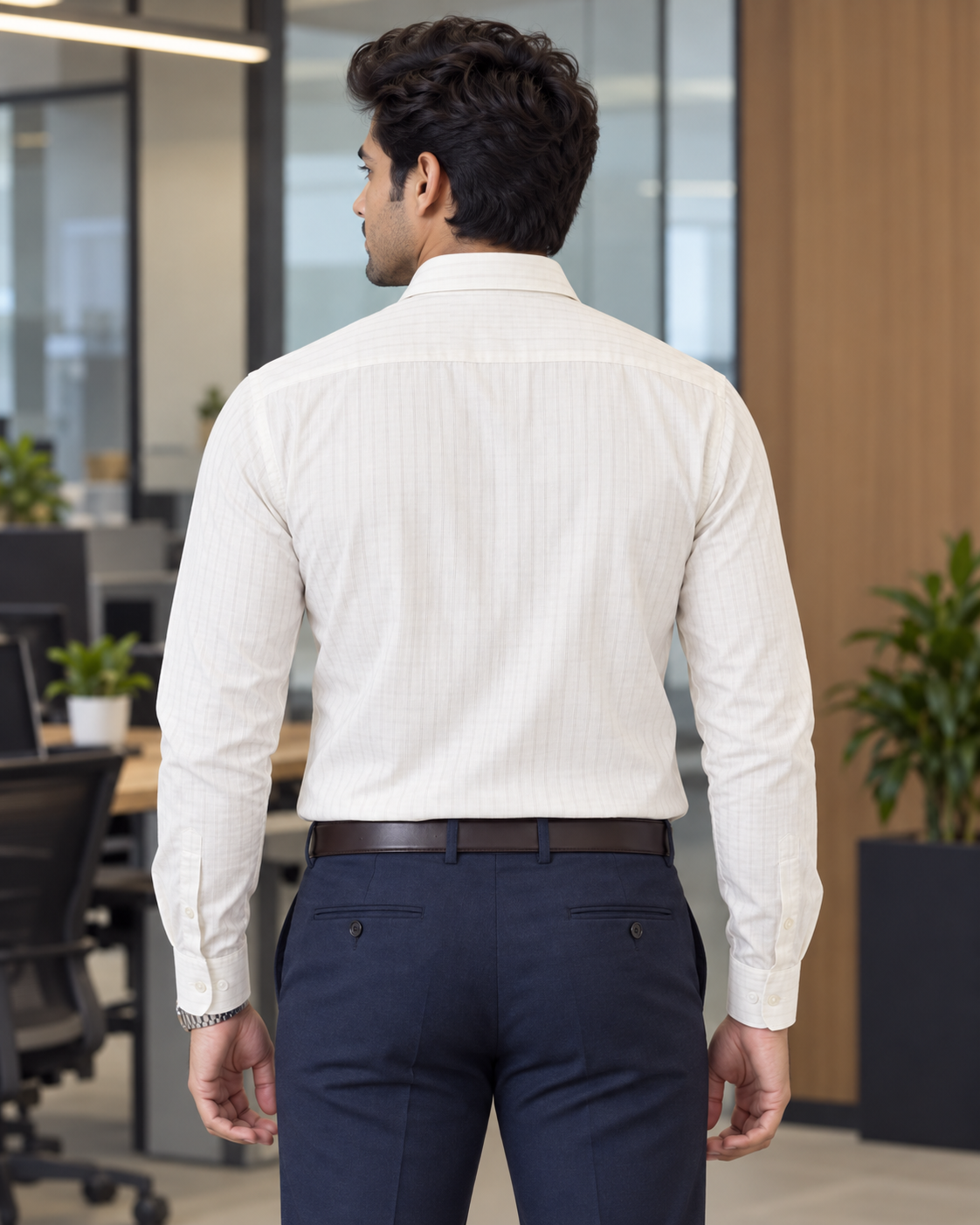 Ivory White Tonal Stripe Cotton Full Sleeve Slim Fit Shirt