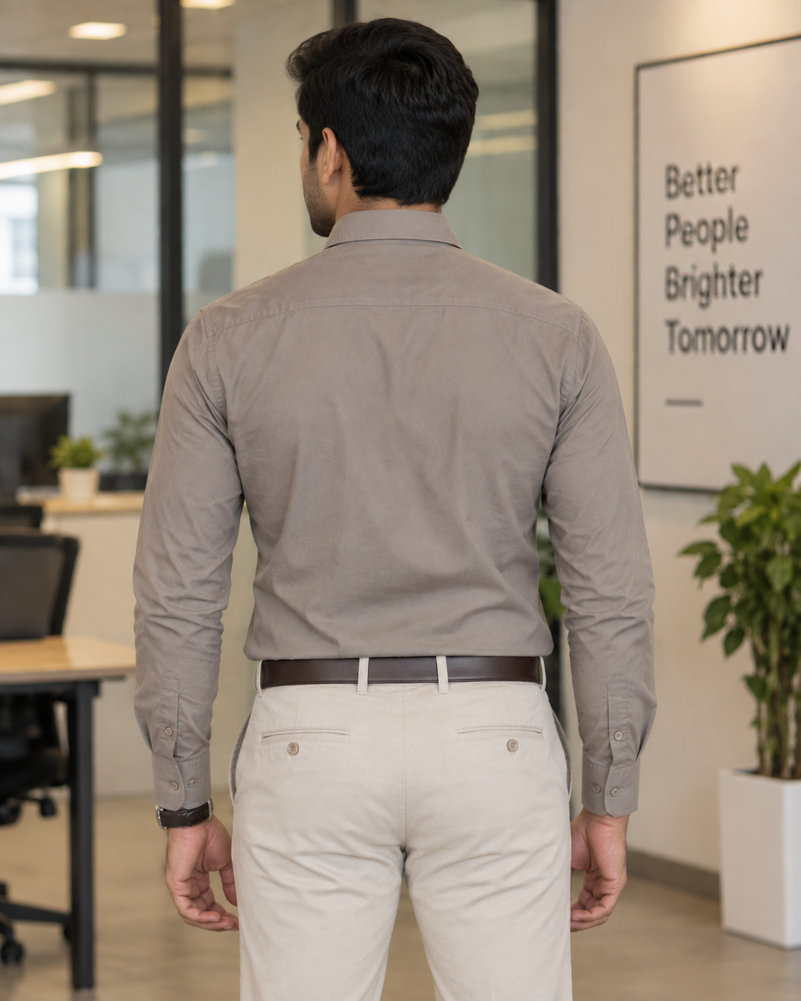 Warm Taupe Gray Solid Cotton Full Sleeve Slim Fit Shirt