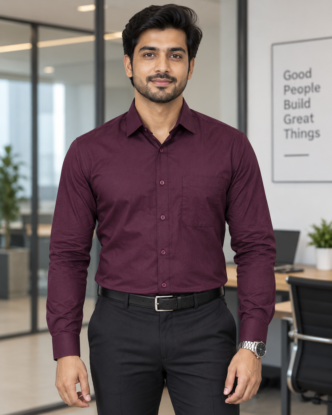 Deep Mulberry Purple Solid Cotton Full Sleeve Slim Fit Shirt