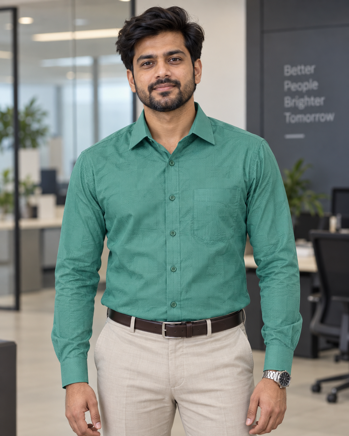 Jade Green Textured Cotton Full Sleeve Slim Fit Shirt