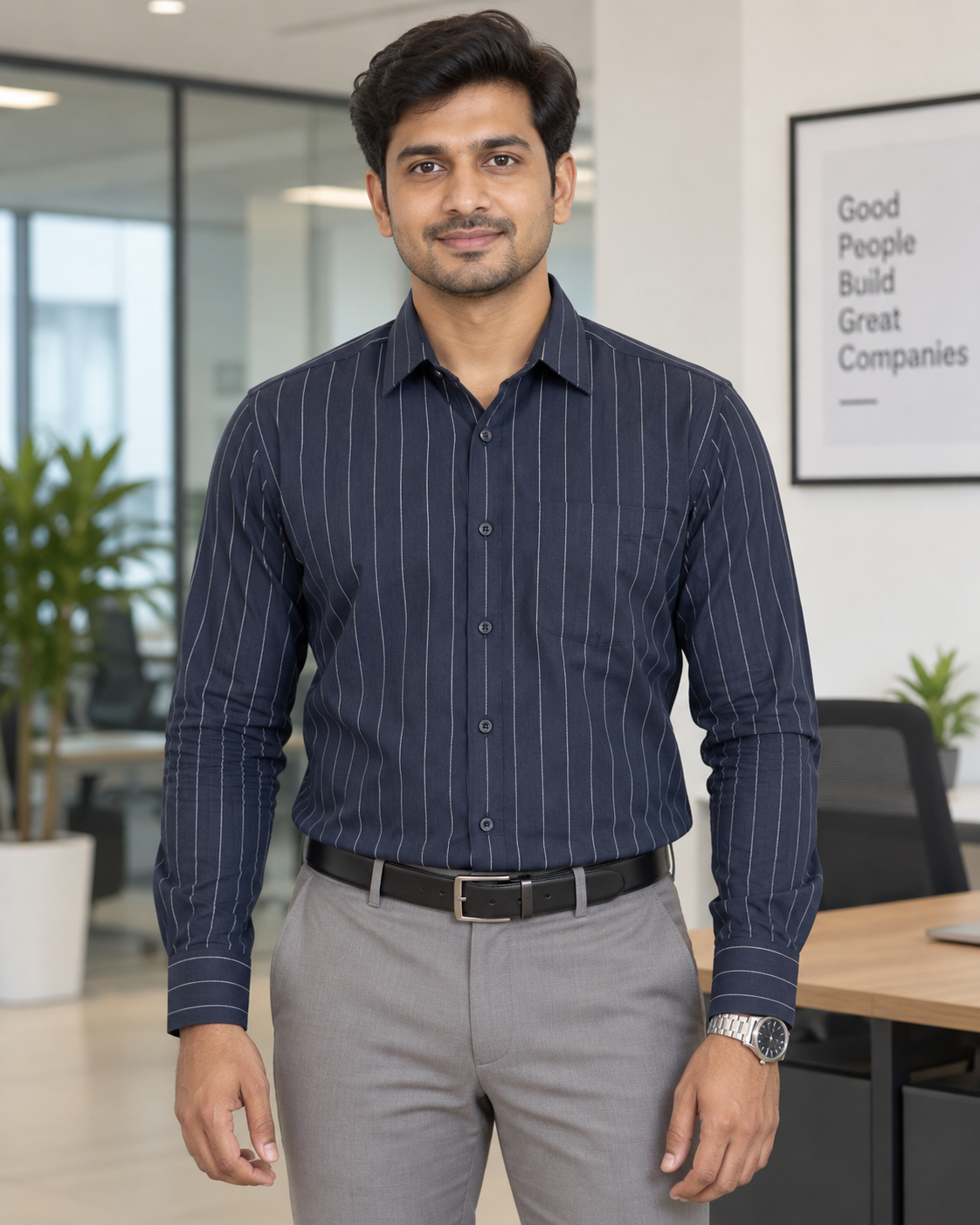 Charcoal Navy Pinstripe Cotton Full Sleeve Slim Fit Shirt