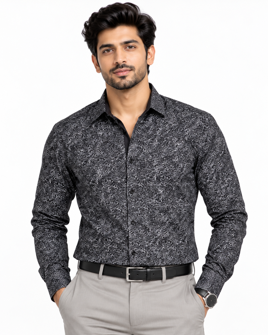 Black Abstract Micro Print Cotton Full Sleeve Regular Fit Shirt