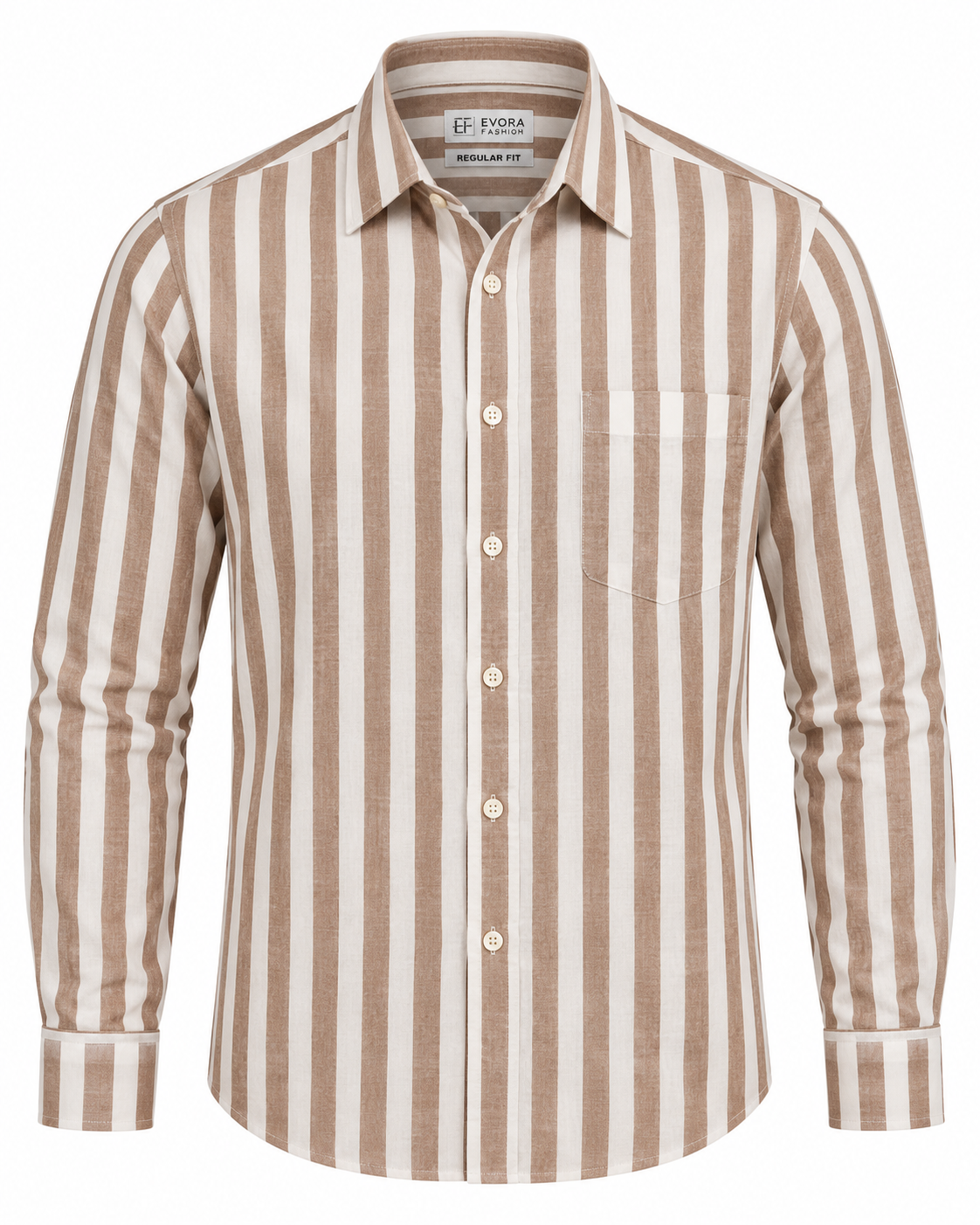 Warm Beige & Ivory Vertical Stripe Cotton Full Sleeve Regular Fit Shirt