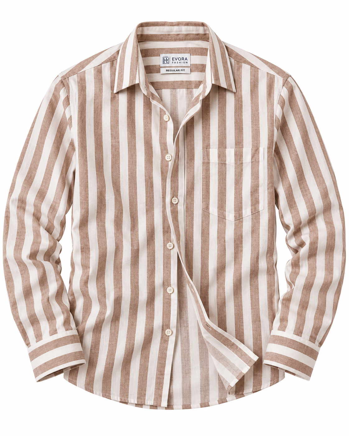 Warm Beige & Ivory Vertical Stripe Cotton Full Sleeve Regular Fit Shirt