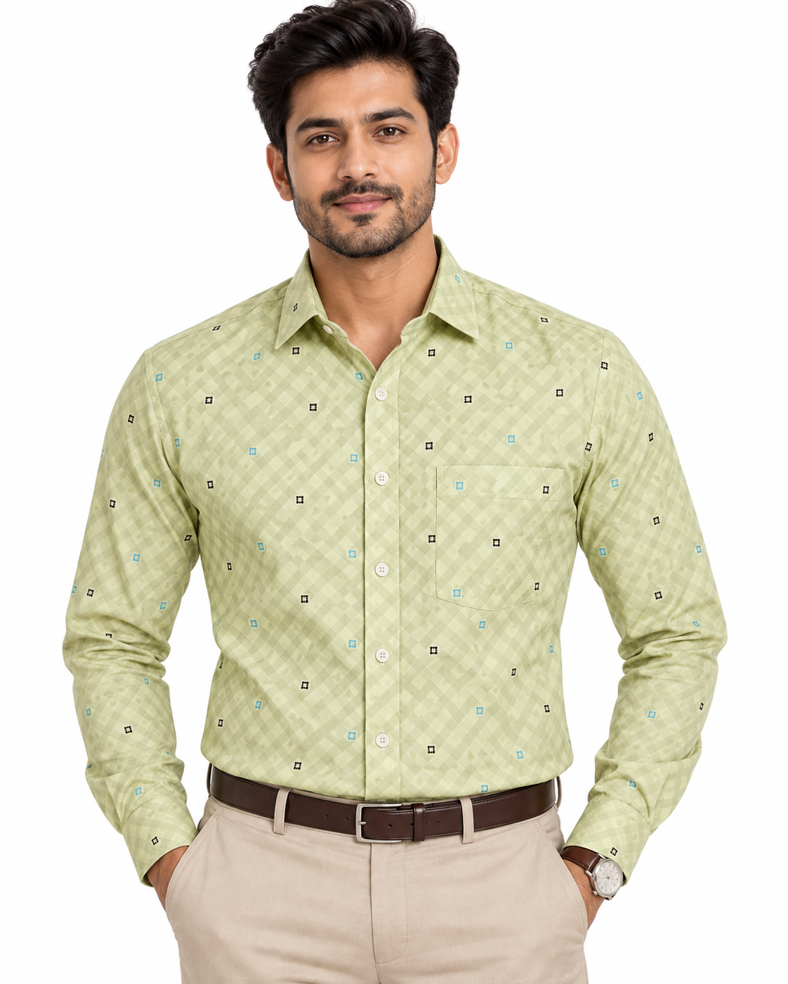 Light Pistachio Green Textured Micro Motif Full Sleeve Shirt
