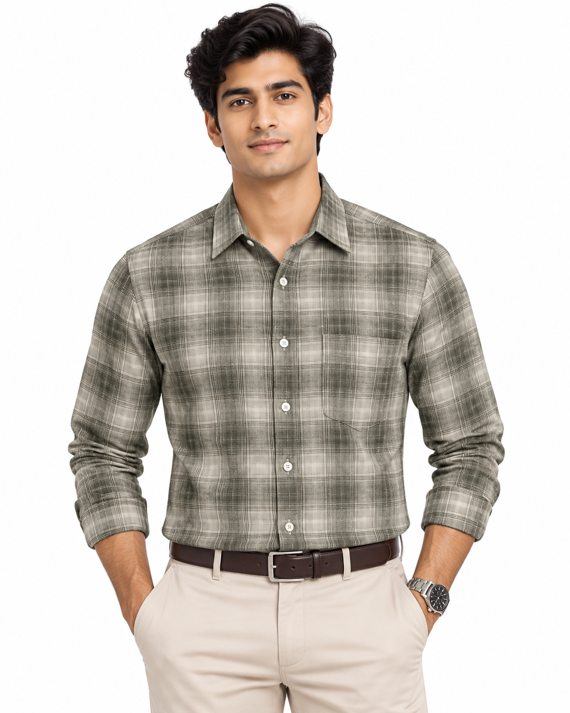 Ivory Beige Olive Plaid Check Cotton Full Sleeve Regular Fit Shirt