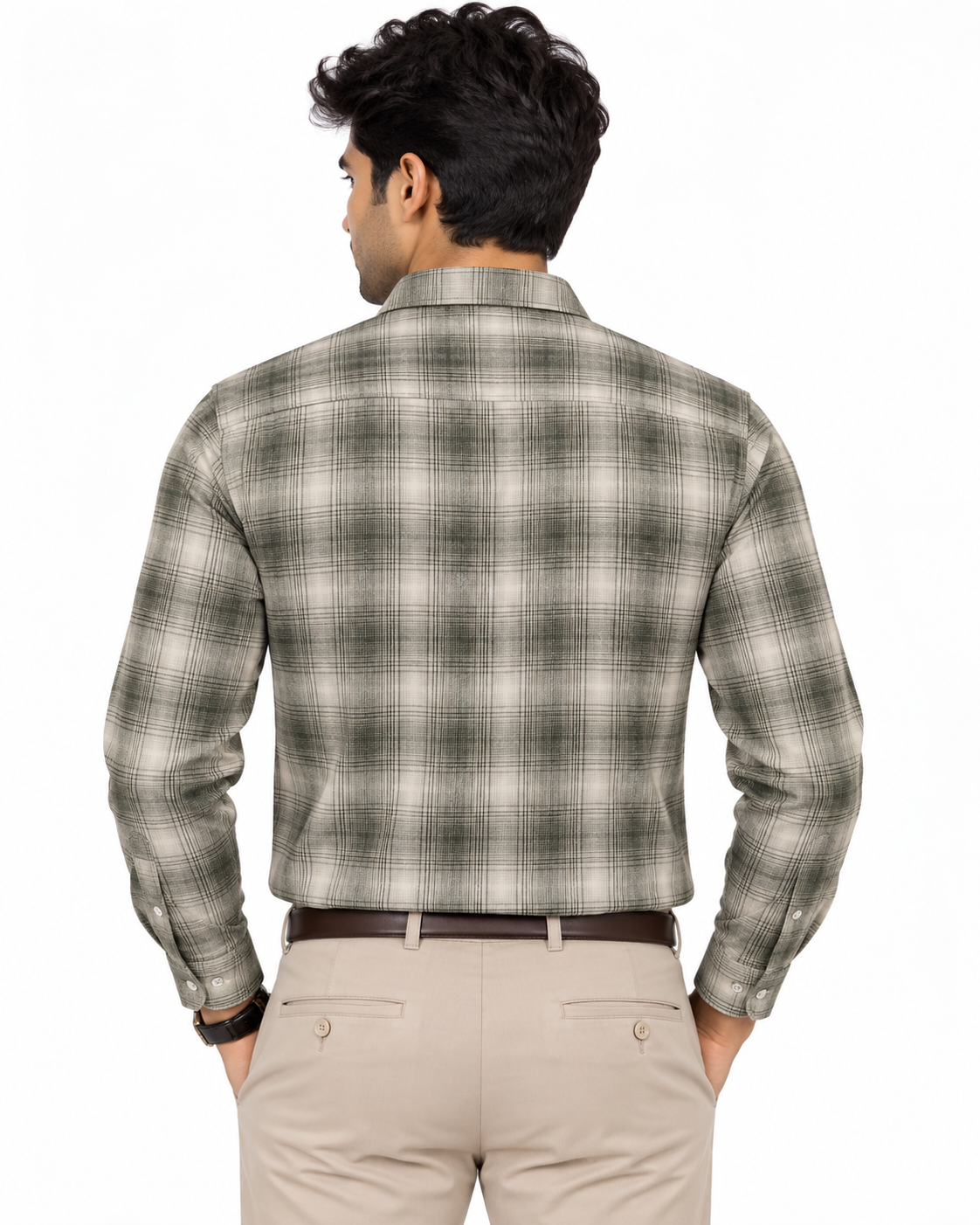 Ivory Beige Olive Plaid Check Cotton Full Sleeve Regular Fit Shirt
