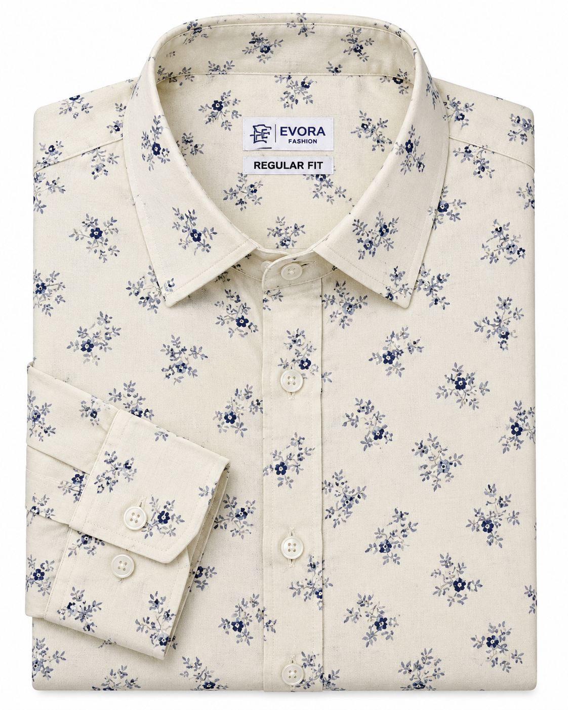 Ivory Cream Navy Floral Print Cotton Full Sleeve Regular Fit Shirt