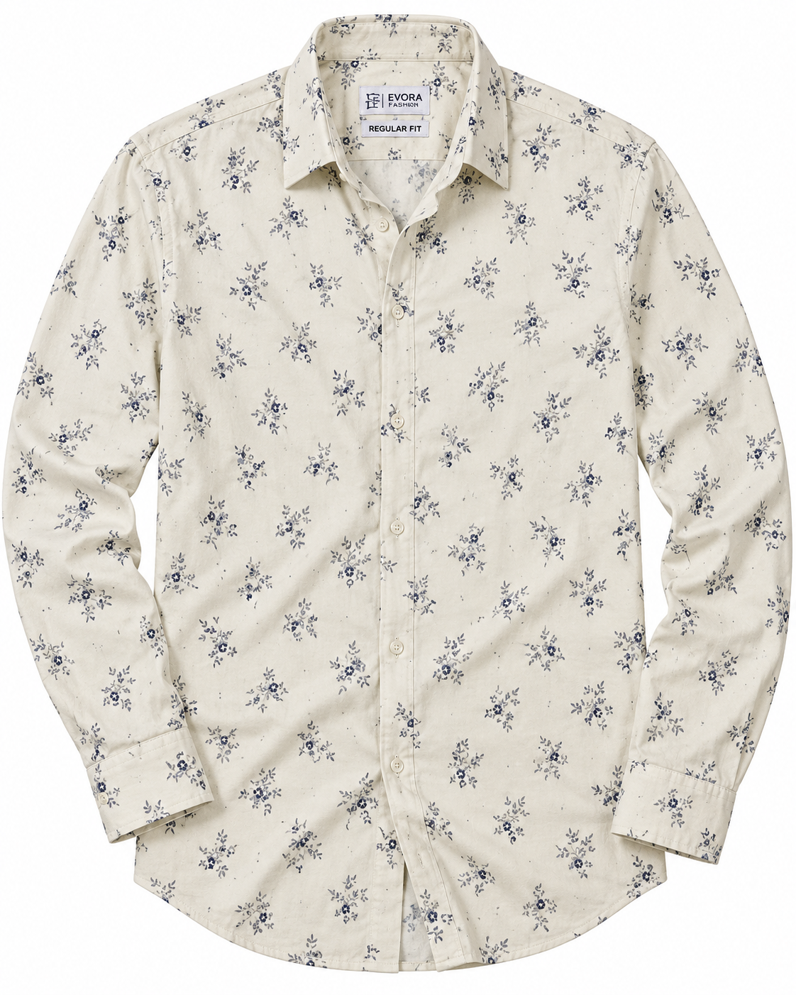Ivory Cream Navy Floral Print Cotton Full Sleeve Regular Fit Shirt