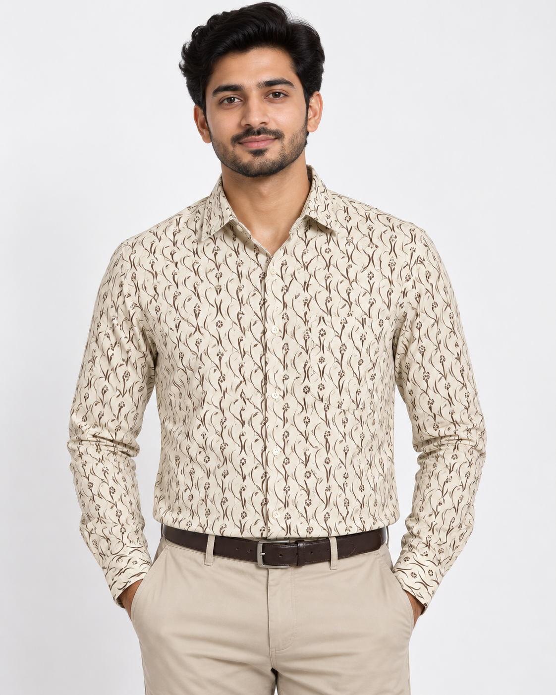 Ivory Cream Brown Abstract Print Cotton Full Sleeve Regular Fit Shirt
