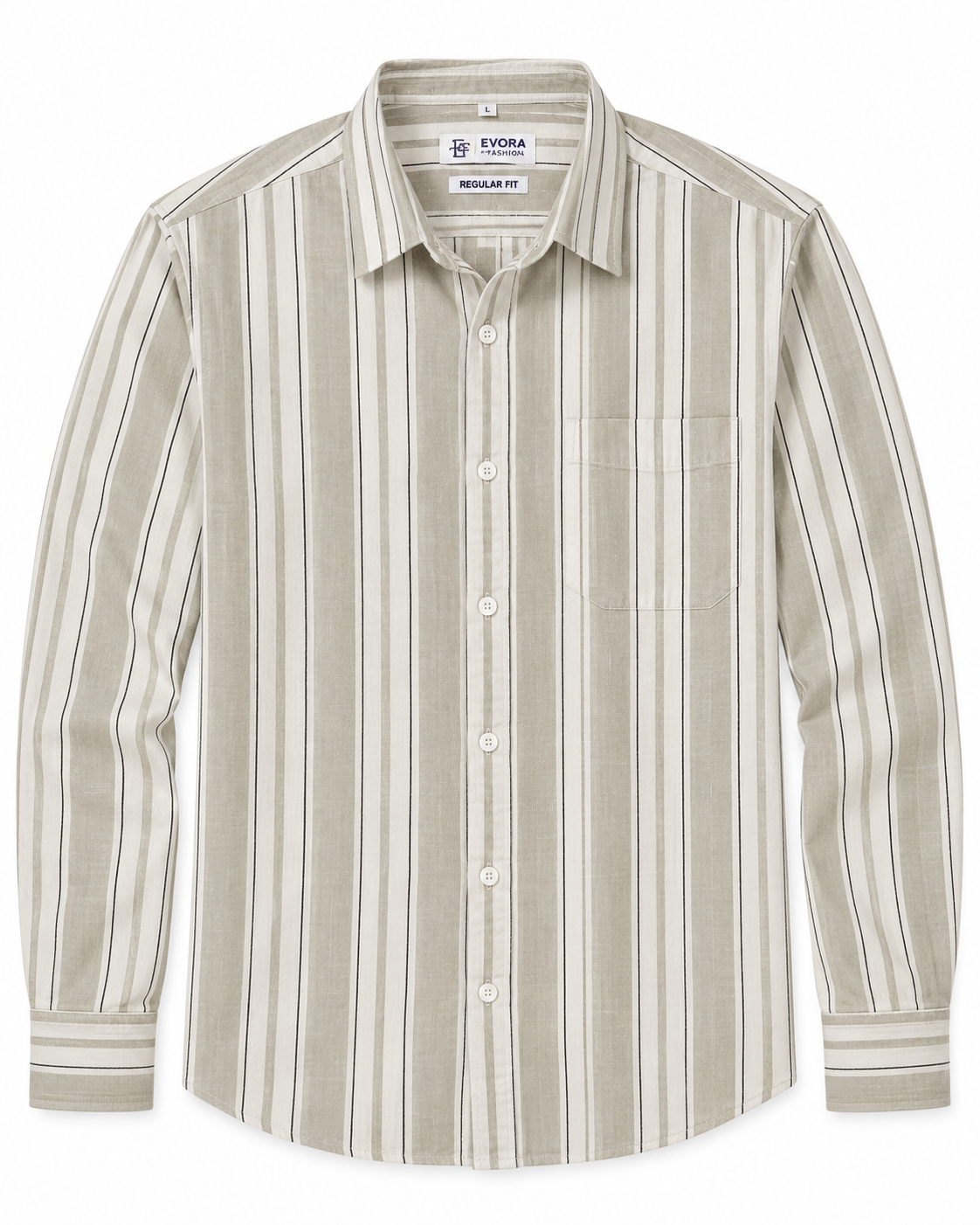 Stone Beige Vertical Stripe Cotton Full Sleeve Regular Fit Shirt