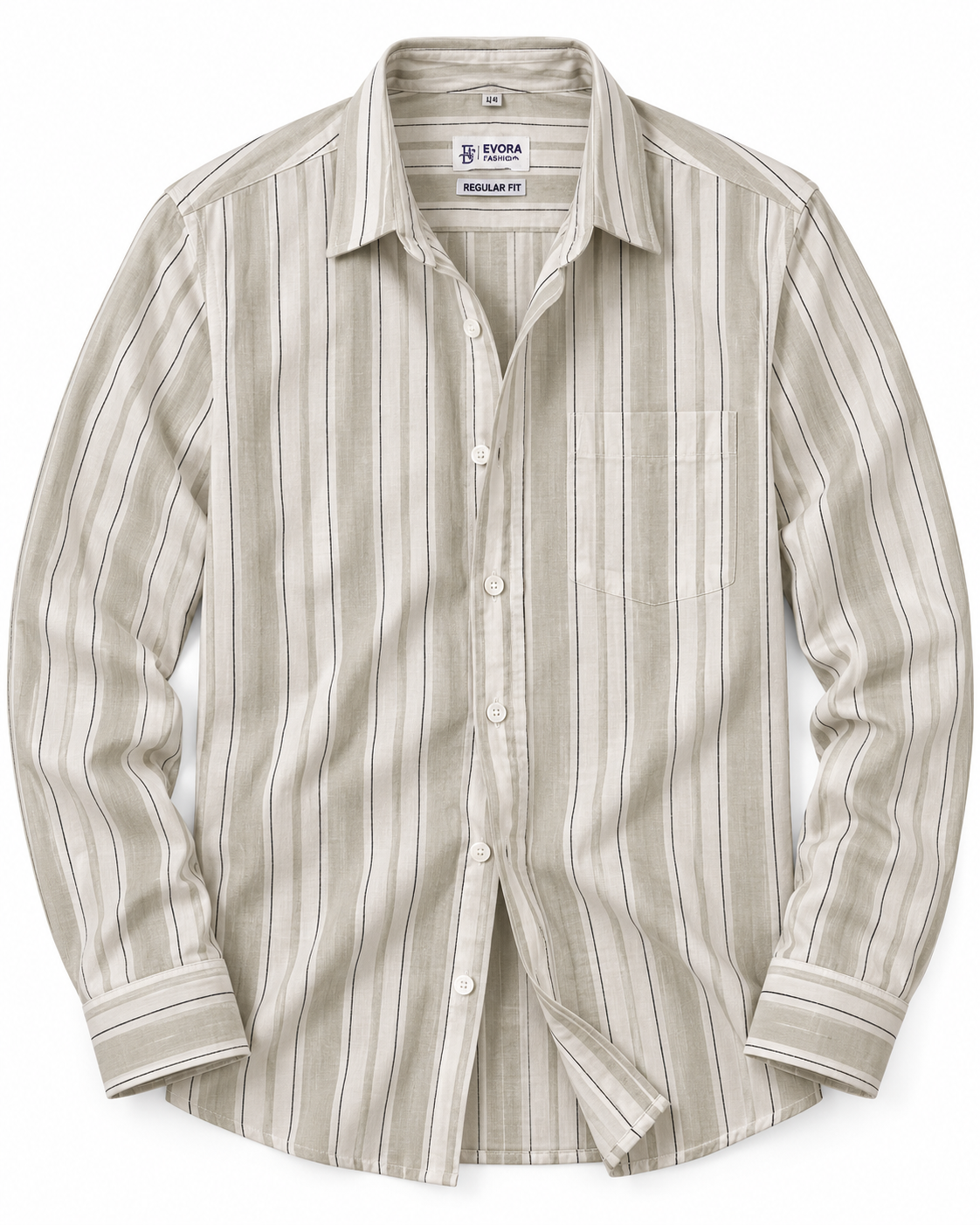 Stone Beige Vertical Stripe Cotton Full Sleeve Regular Fit Shirt