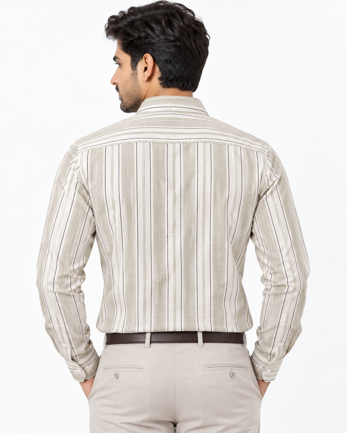 Stone Beige Vertical Stripe Cotton Full Sleeve Regular Fit Shirt