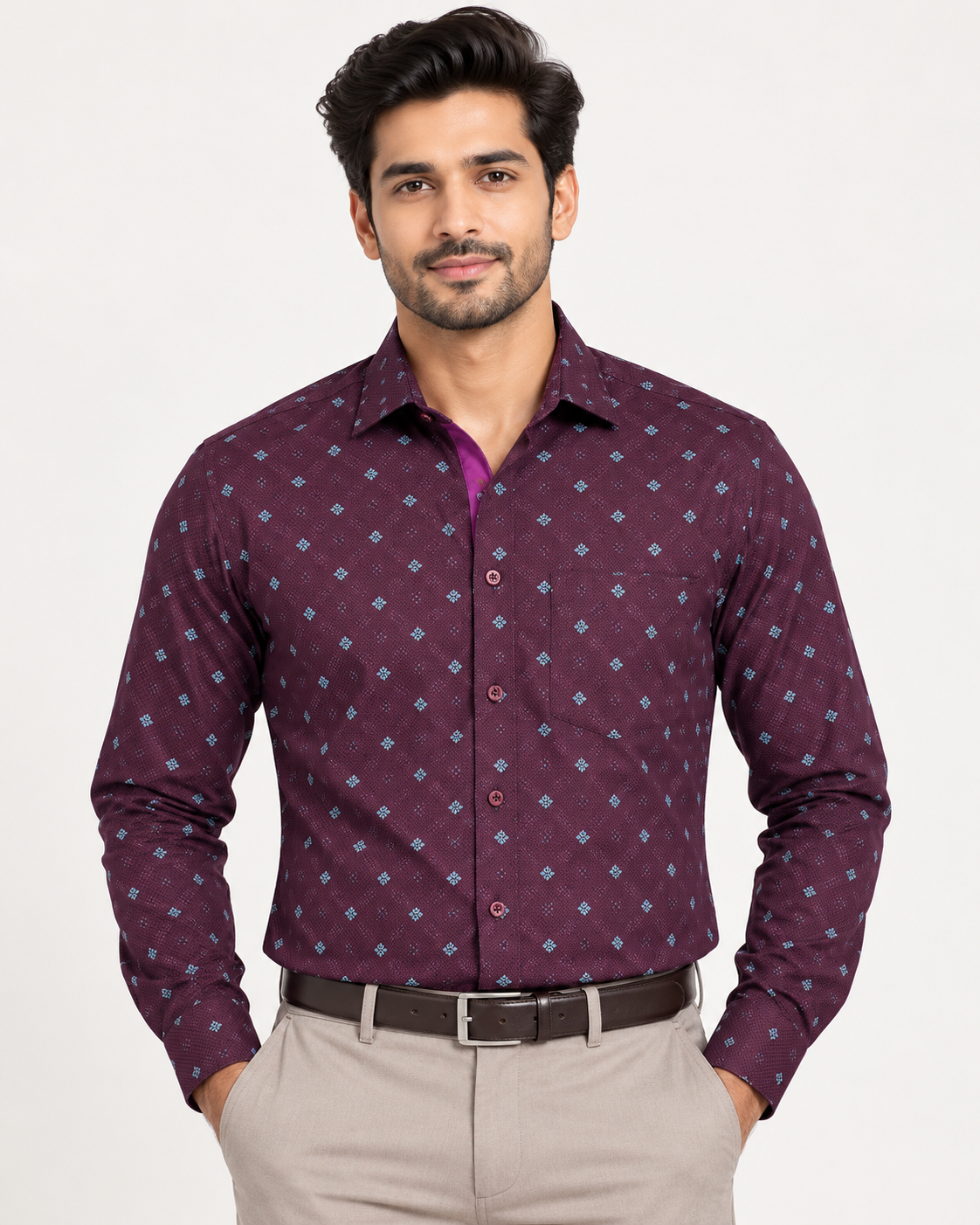 Deep Wine Purple Micro Motif Cotton Full Sleeve Regular Fit Shirt