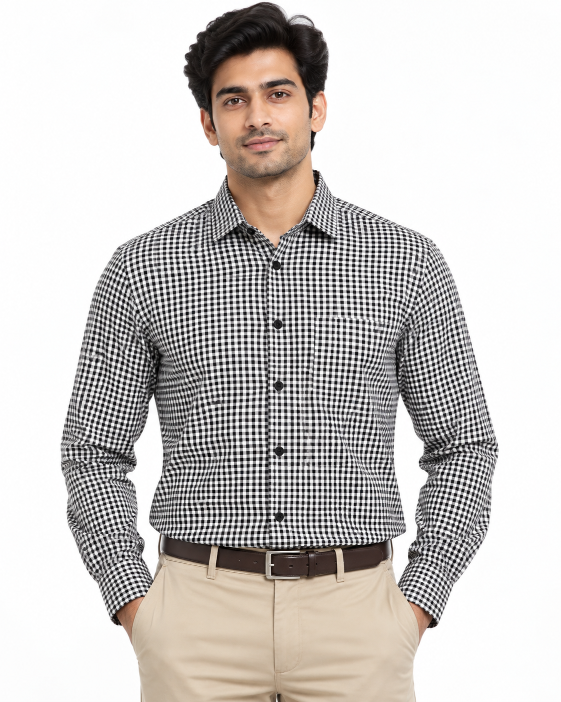 Black & White Gingham Check Cotton Full Sleeve Regular Fit Shirt