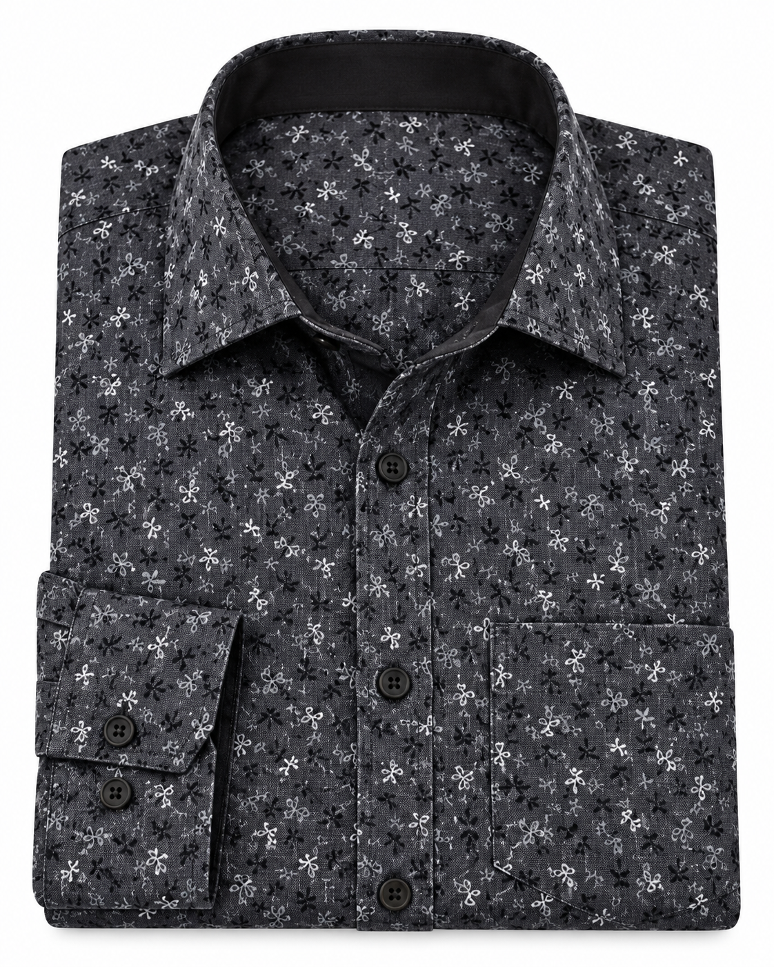 Charcoal Gray Micro Floral Print Cotton Full Sleeve Regular Fit Shirt