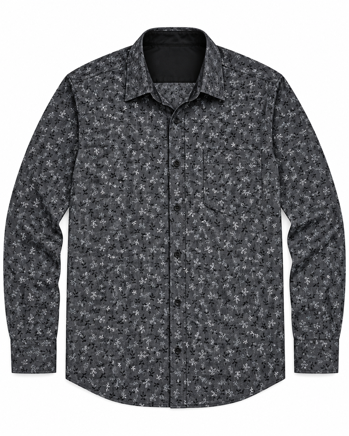 Charcoal Gray Micro Floral Print Cotton Full Sleeve Regular Fit Shirt
